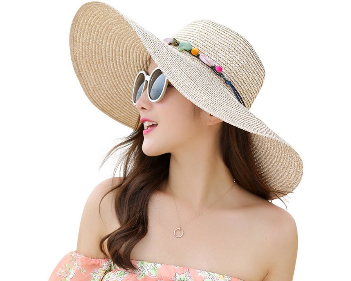 Zaewry Strohhut Damen Strohhut mit großer Krempe und Schleife, faltbar, für Sommer