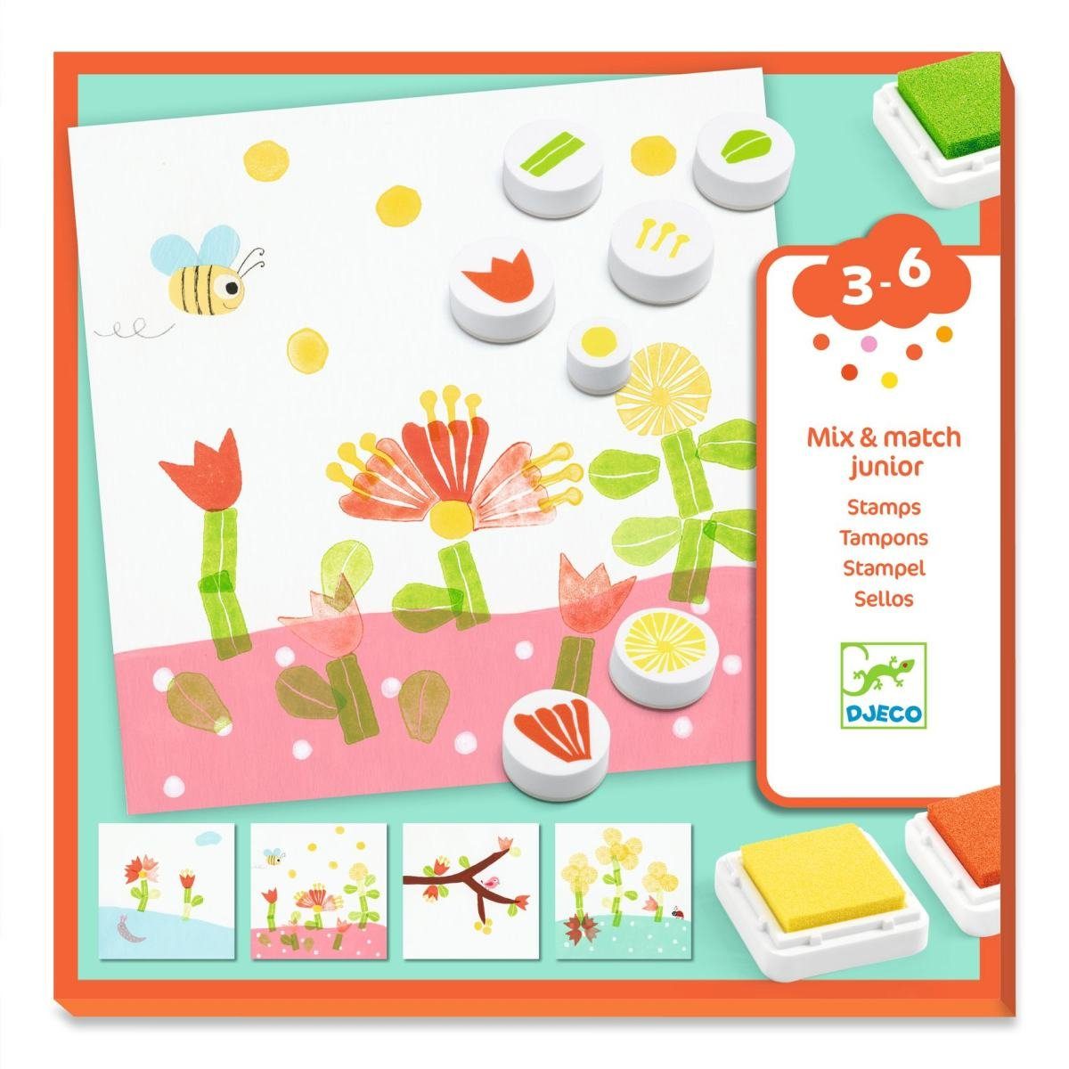 DJECO Kreativset Stempelset mit 3 großen Stempelkissen und 7 Stempel