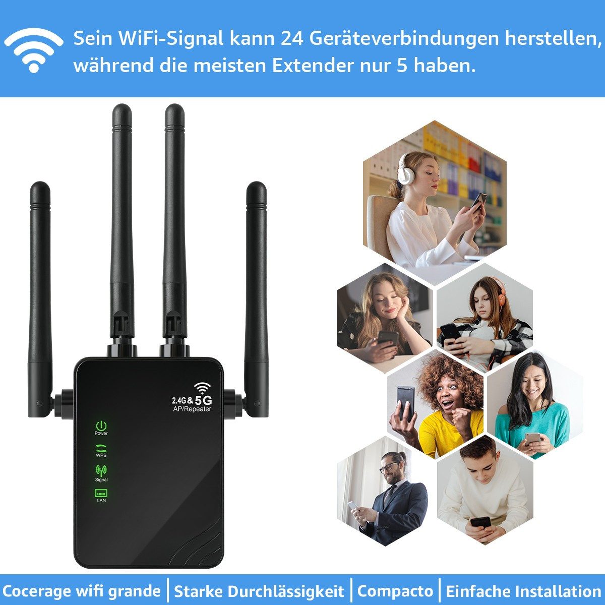 wohnTRAUM24 1200 MBit/s 5GHz WLAN Repeater Router Range WIFI Signal Verstärker WLAN-Repeater schwarz