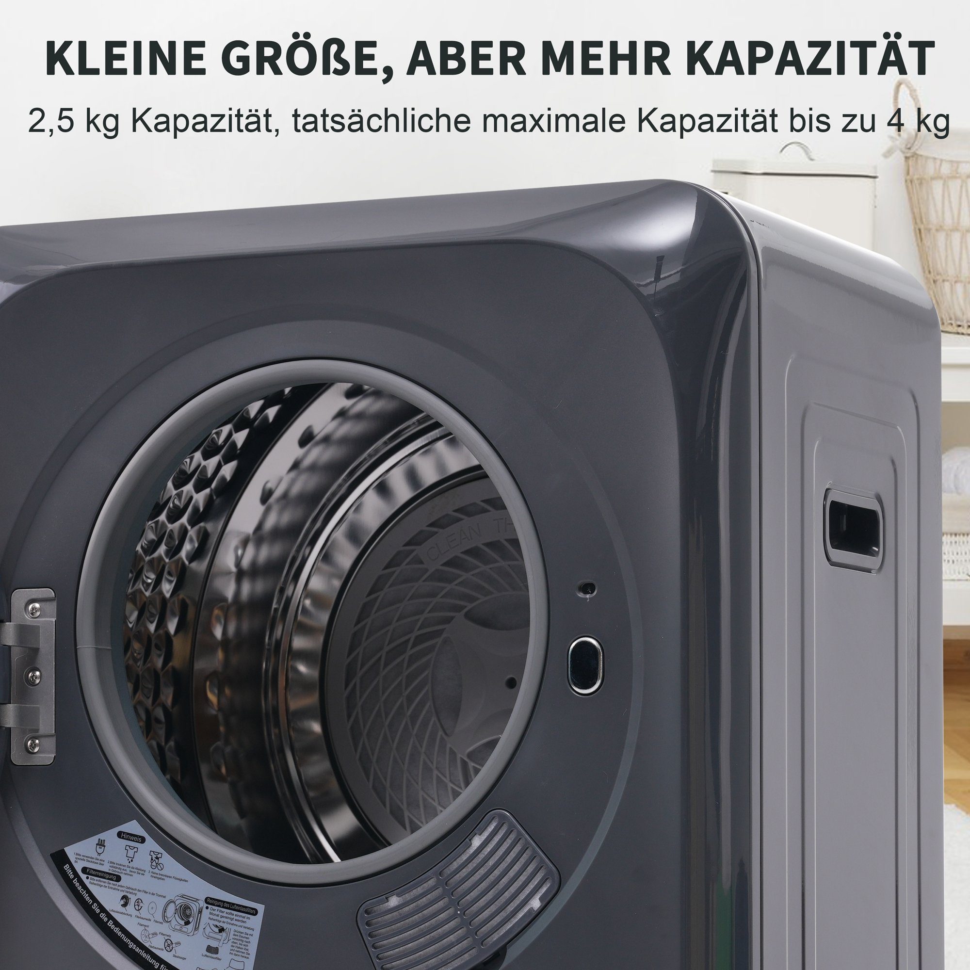 mini-Wäschetrockner Wäschetrockner freistehend/hängend, 2.5 und Merax LED-Display, Programme Ablufttrockner Timer UV-Sterilisation mit und mit 6 kg, Grau Belüfteter