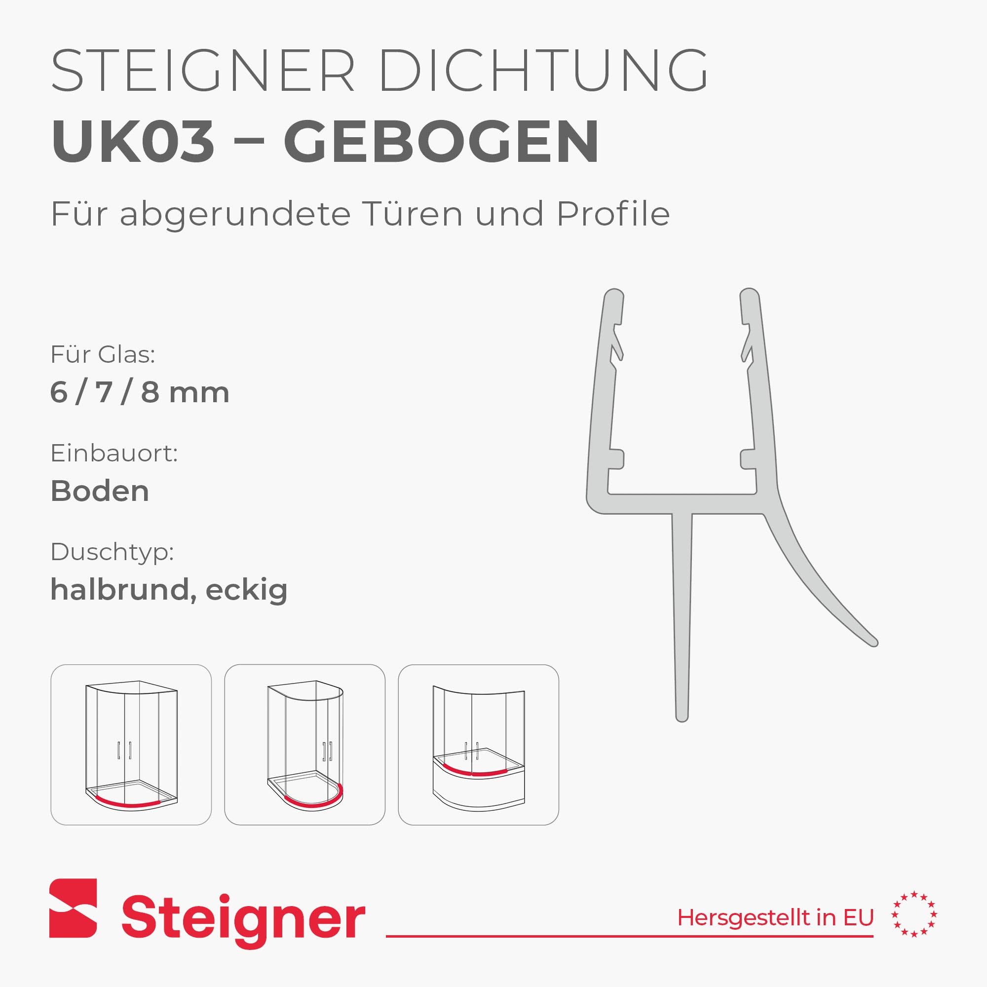 STEIGNER Duschdichtung 30cm, Glasstärke 6/7/ 8 mm,Ersatzdichtung für Runddusche, L: 30 cm, (1 Stück Packung, Einzeldichtung), Glasstärke 6/7/ 8 mm Model: UK03
