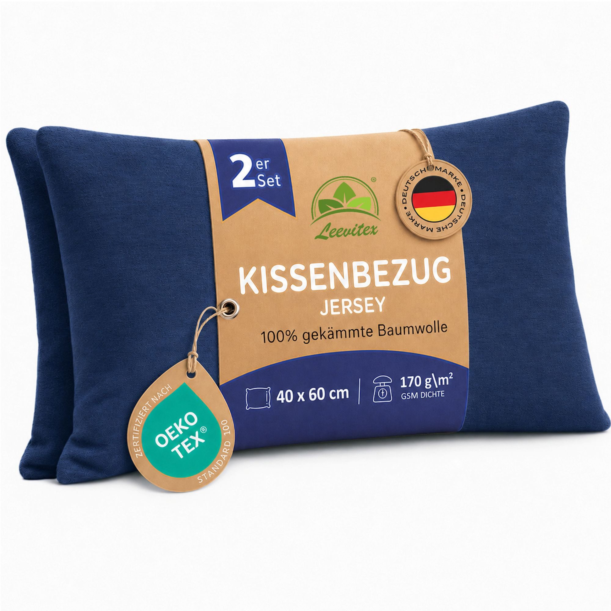 leevitex® Kissenbezüge Kissenbezug 40 x 60 cm, 2er Set, Navyblau/Marine, (2 Stück), feine Jersey-Qualität, 100% Baumwolle, robuster Reißverschluss