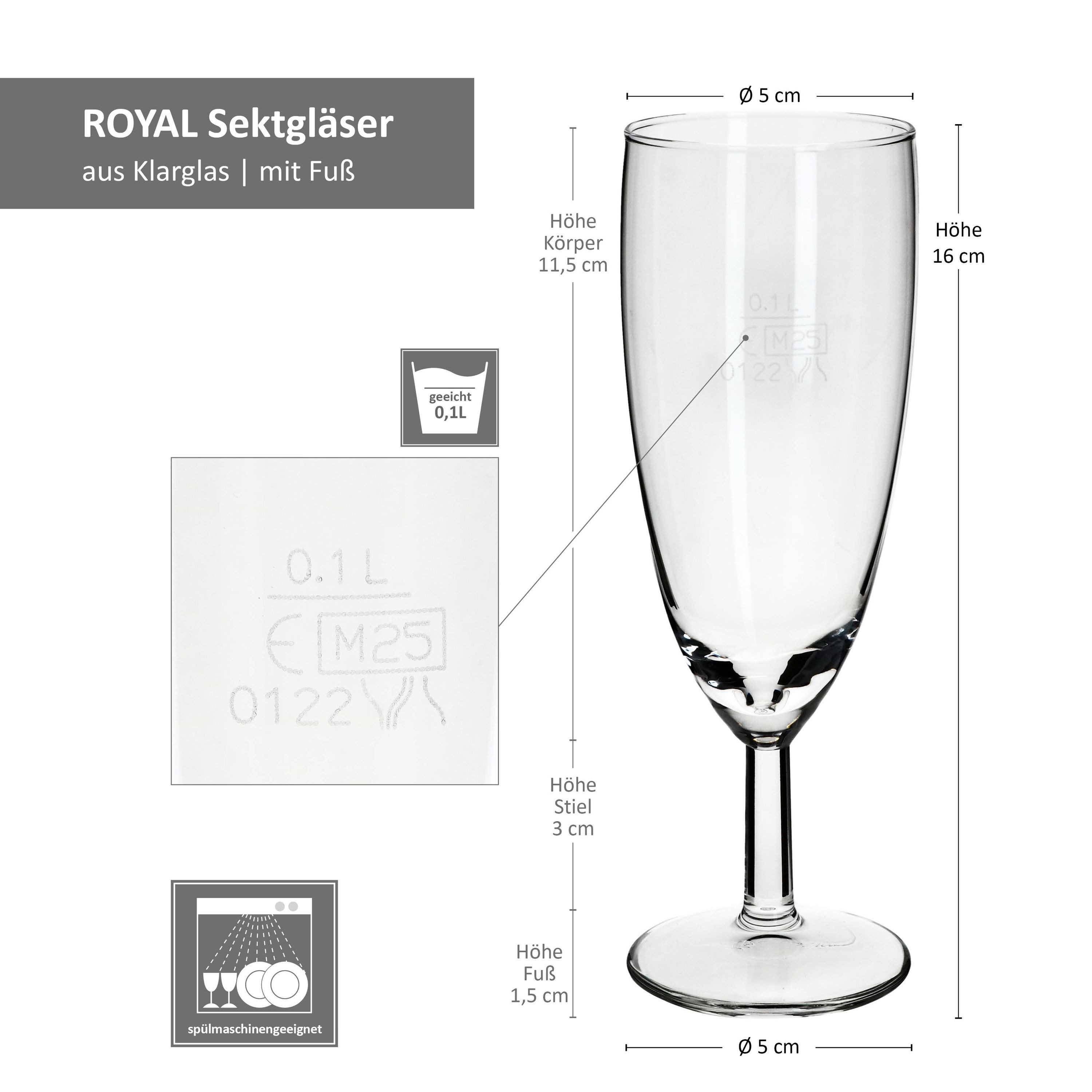 MamboCat Sektglas 12er Set Royal Sektgläser geeicht 0,1L Champagner-Glas Sektflöte, Glas