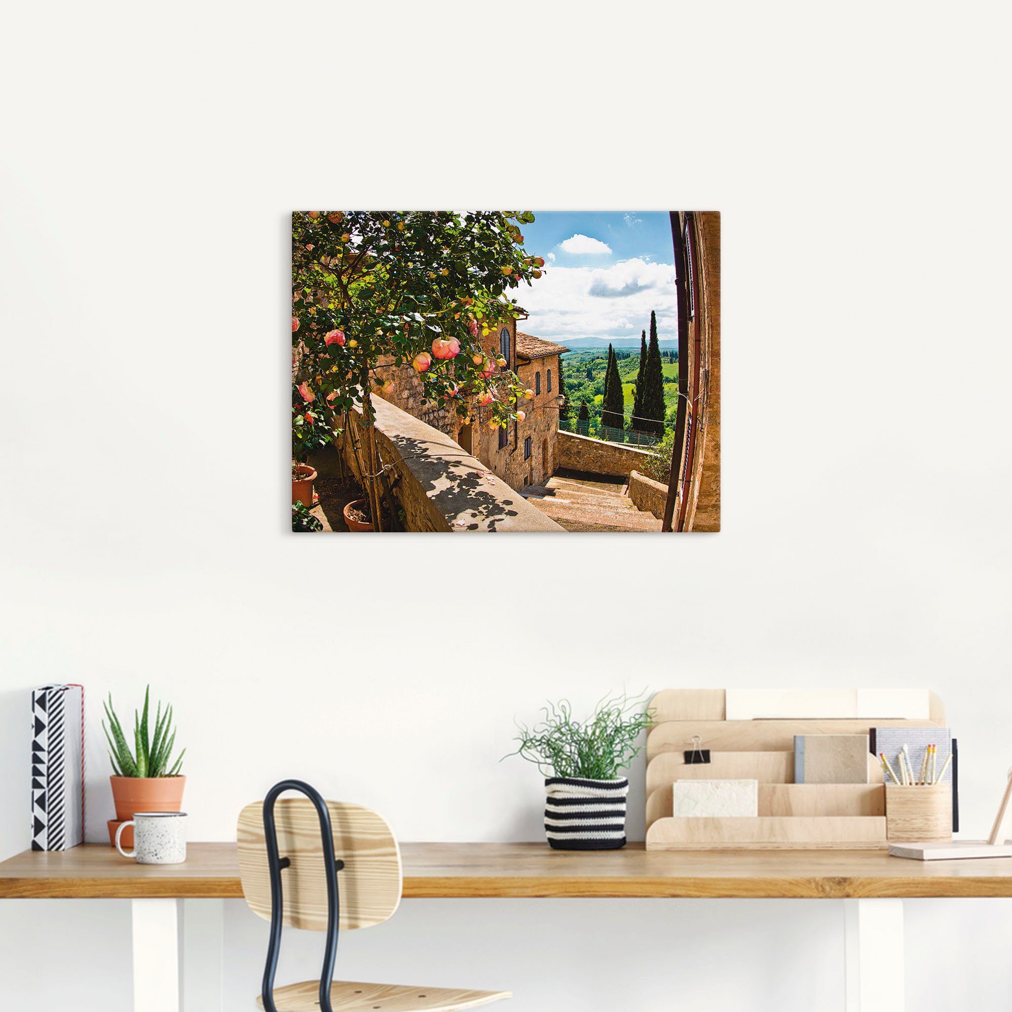 Artland Wandbild Rosen auf Balkon Toskanalandschaft, Garten (1 St), als Leinwandbild, Poster in verschied. Größen