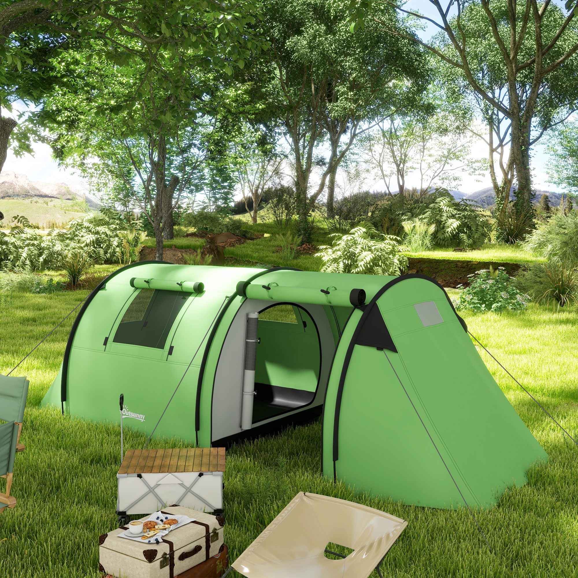 Outsunny Kuppelzelt Campingzelt stabil mit Schlafzimmer Wohnzimmer, Tunnelzelt, Personen: 4 (wasserdicht Campingzelt, 1 tlg., Familienzelt), für Camping Reise, Dunkelgrün