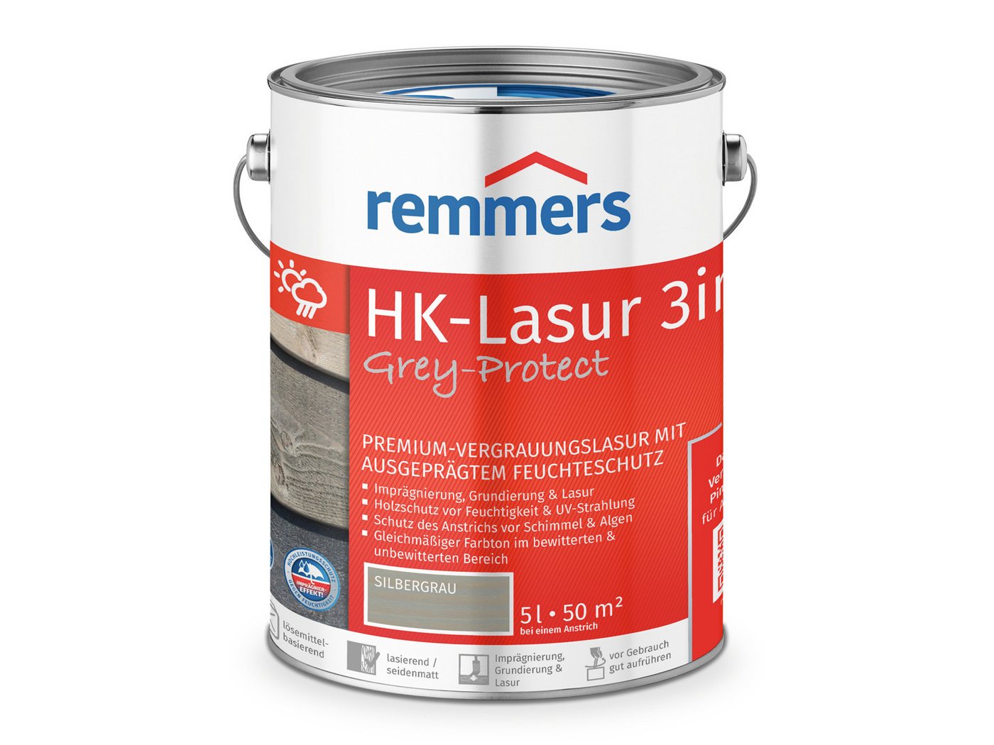 Remmers Holzschutzlasur HK-Lasur 3in1 Grey-Protect 5 Liter, 3in1 Holzschutz, Feuchtigkeit- und UV-Schutz