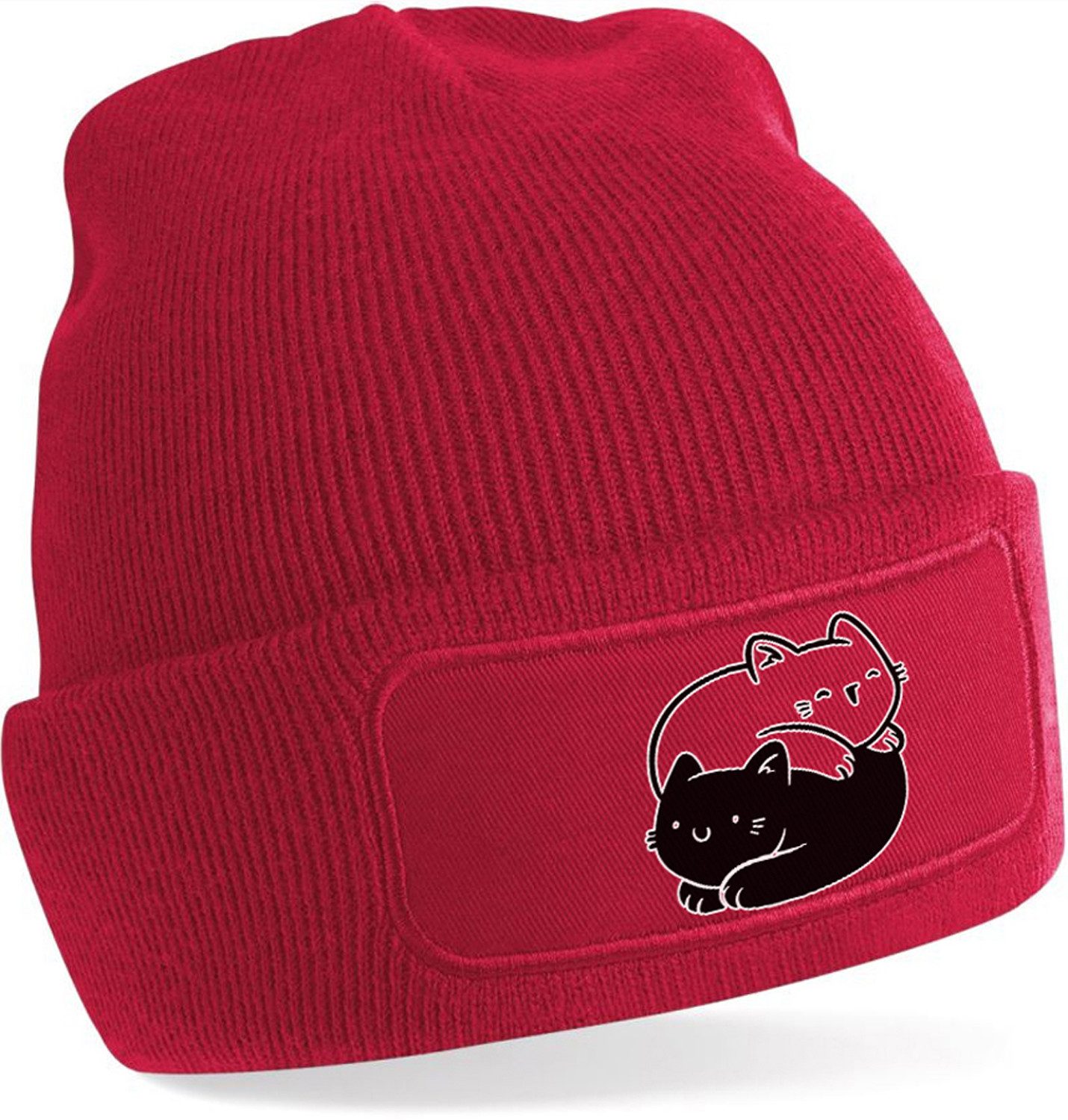 MyDesign24 Strickmütze für kalte Tage - Beanie mit Umschlag und YinYang Katzen Print Katzen Mütze Wintermütze für Männer, Frauen, Jungen und Mädchen i112