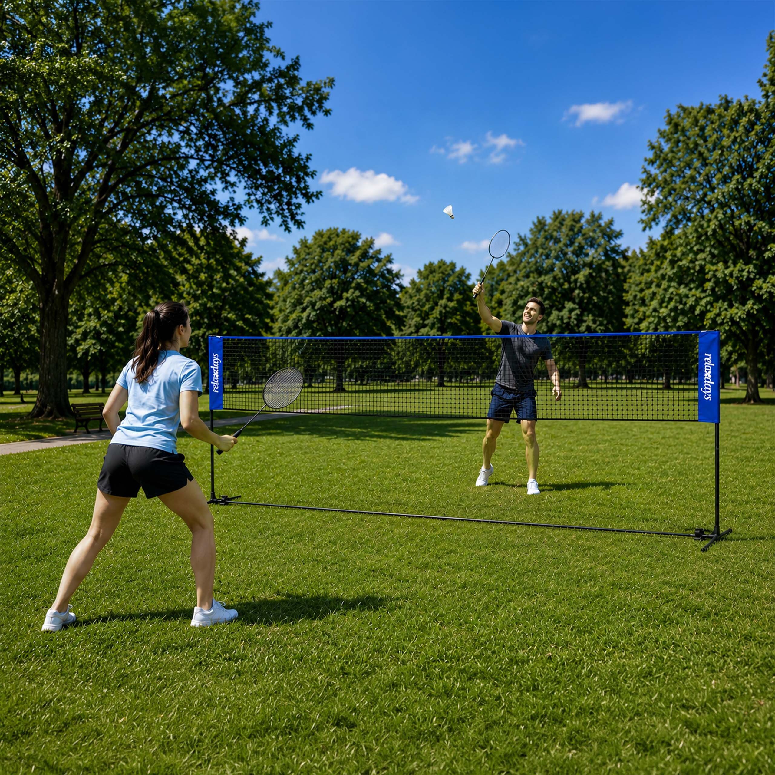 relaxdays Badmintonnetz höhenverstellbar, blau, 400 cm