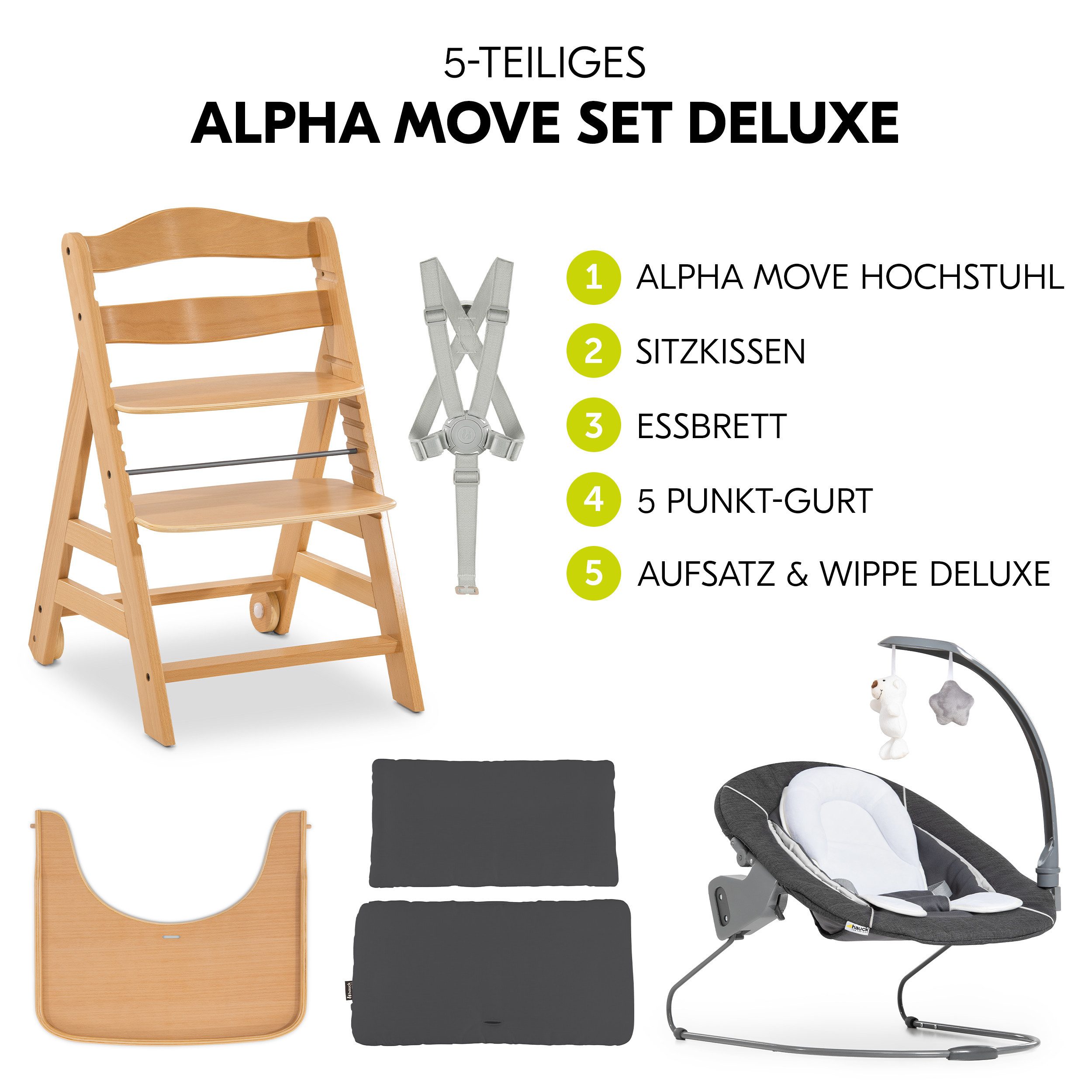 Hauck Hochstuhl Alpha Move Newborn Set Deluxe - Natur, Holz Babystuhl ab Geburt mit Neugeborenenaufsatz, Sitzkissen, Essbrett