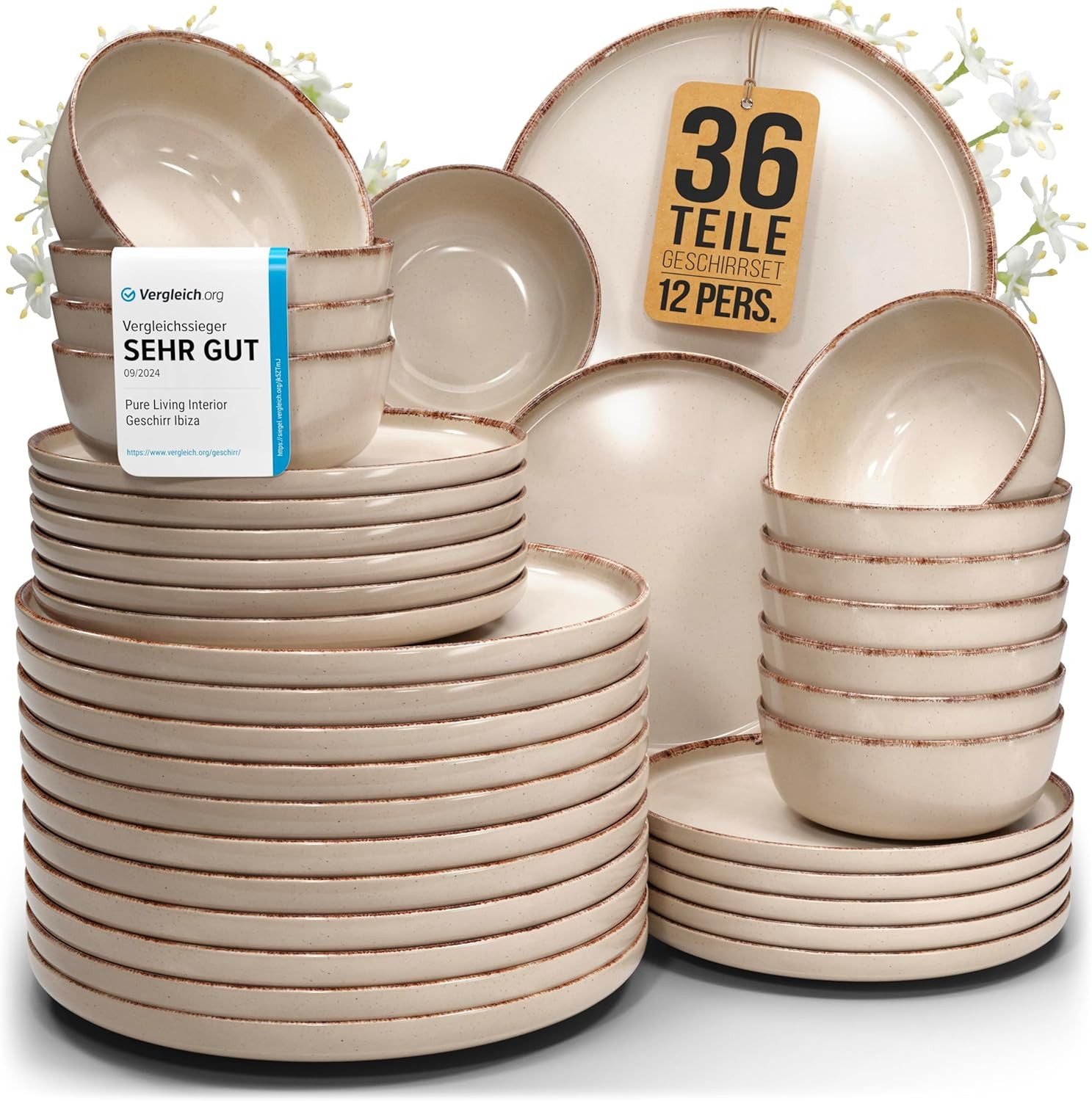PURE LIVING INTERIOR DESIGN Steingut Geschirrset 12 Personen Rustic 36 tlg. TESTSIEGER, Hochwertig (36-tlg), 12 Personen, Steingut, Authentischer Landhausstil, Reaktive Glasur – jedes Stück ein Unikat,…