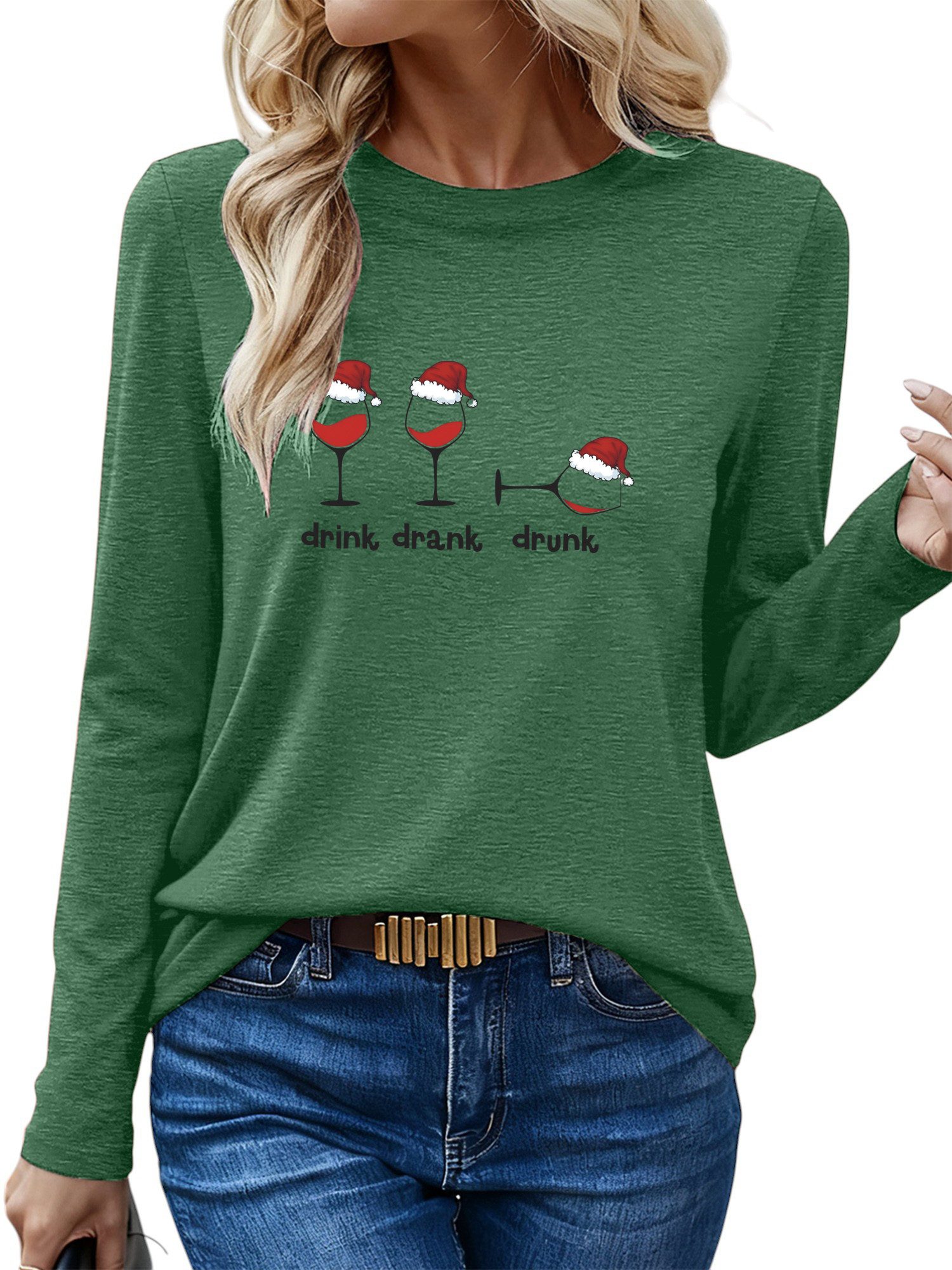 Longsleeve Damen Rundhalsausschnitt Longsleeve mit Weihnachten Print-Shirt