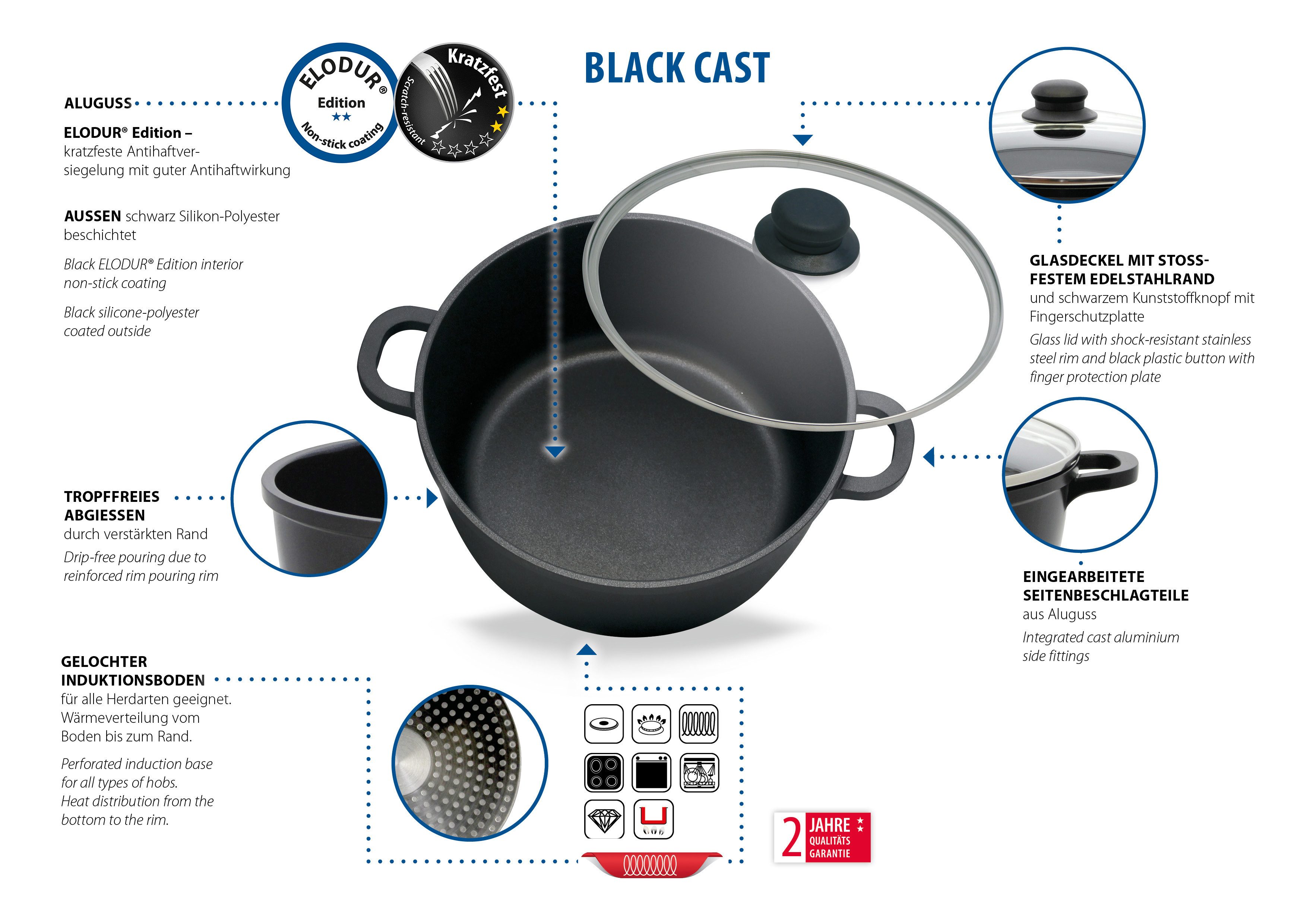 Elo Basic Topf-Set Black Cast, Aluminiumguss (Set, 7-tlg., 3 Töpfe mit Deckel, 1 Stielkasserolle), mit hochwertiger Antihaftversiegelung, Induktion