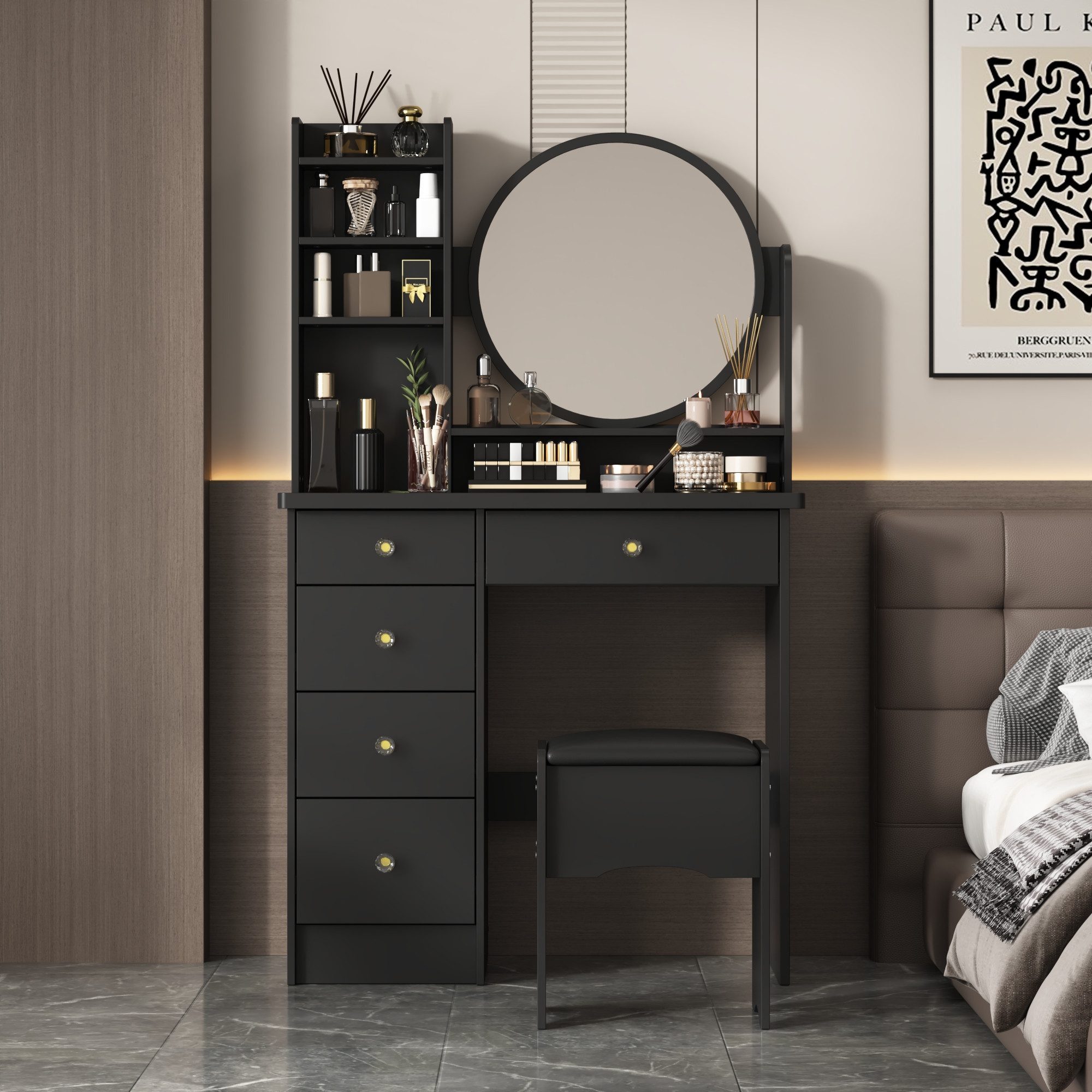HOMSEE Schminktisch Schminktisch mit Spiegel & 5 Schubladen, Schwarz, MDF, 135x80x40cm (1-St), inklusive passendem Hocker, 4 offene Fächer