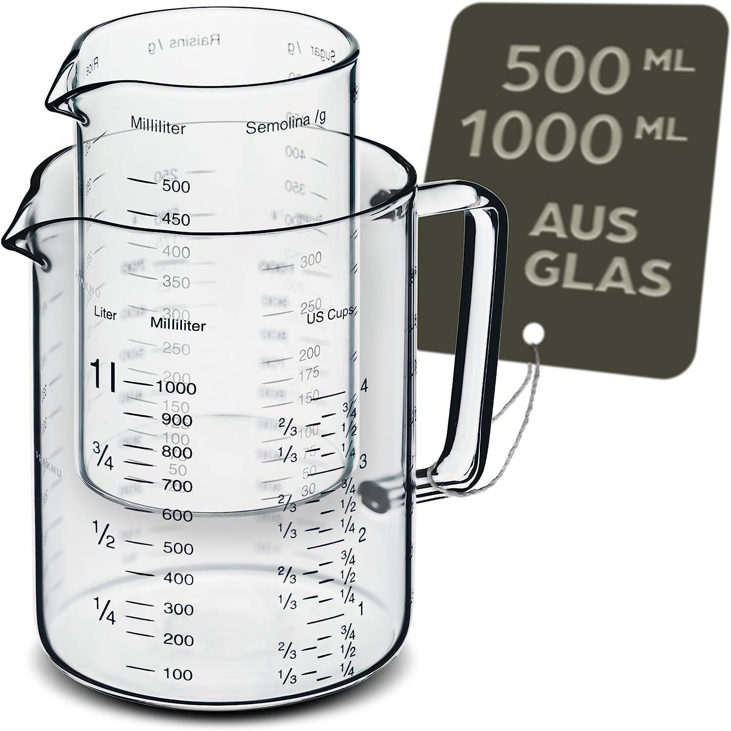 (Set) Messbecher Messbecher Borosilikatglas, Praknu Glas Set 500/1000ml,