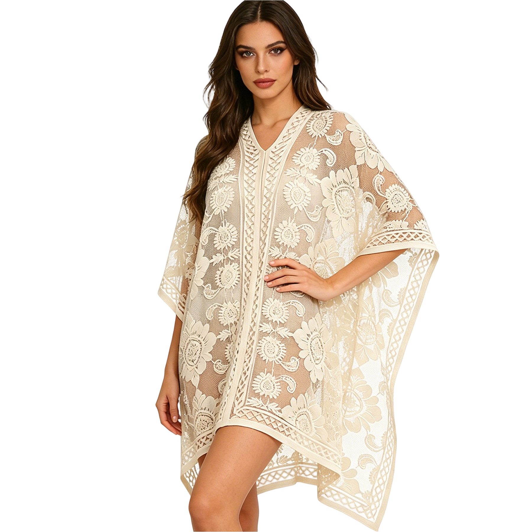 Mutig Strandkleid Damen Strandkleid Spitze Kurz mit V-Ausschnitt (Leichte Strandtunika als Bikini Cover Up, Luftiges Sommerkleid für Urlaub, Strand) Pool, Party & Bademode Überwurf