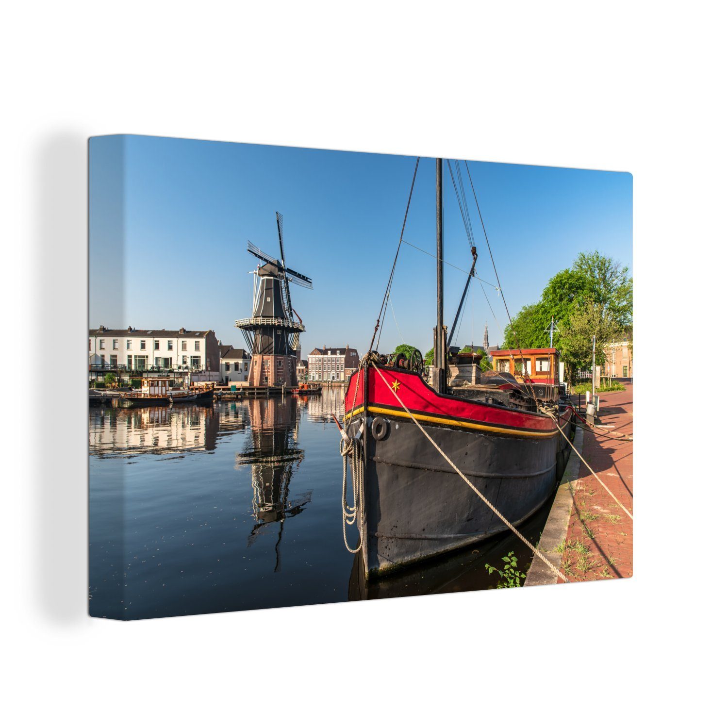 OneMillionCanvasses® Leinwandbild Haarlem - Boot - Mühle, (1 St), Wandbild Leinwandbilder, Aufhängefertig, Wanddeko, 30x20 cm