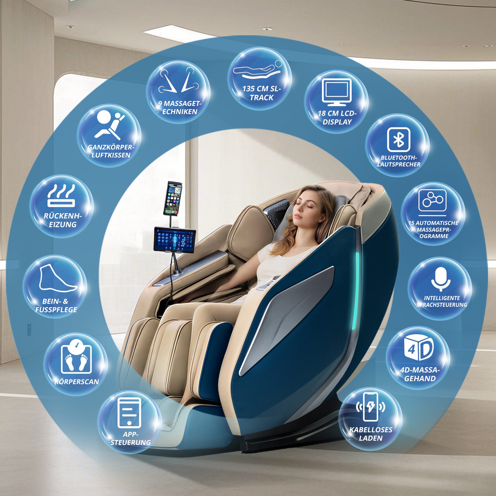 HealthRelife Massagesessel Luxuriöser Entspannungsstuhl, 15 Massage-Modi, Yoga-Stretching (1-St), 55 Zoll SL-Track