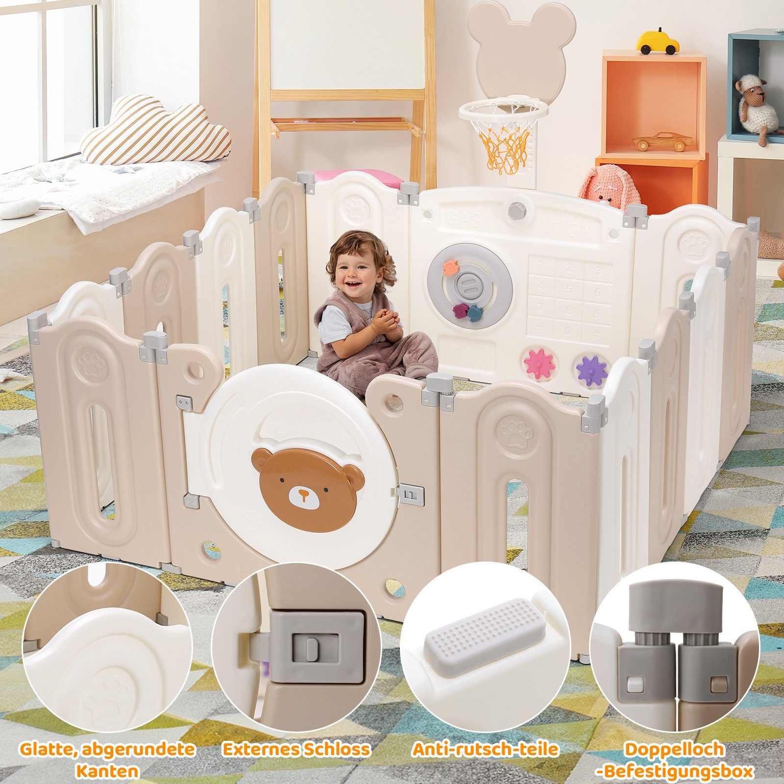 TLGREEN Laufgitter Baby Laufstall XXL,143×143×64cm, Faltbar Krabbelgitter,mit Basketballkorb und Spielpanel