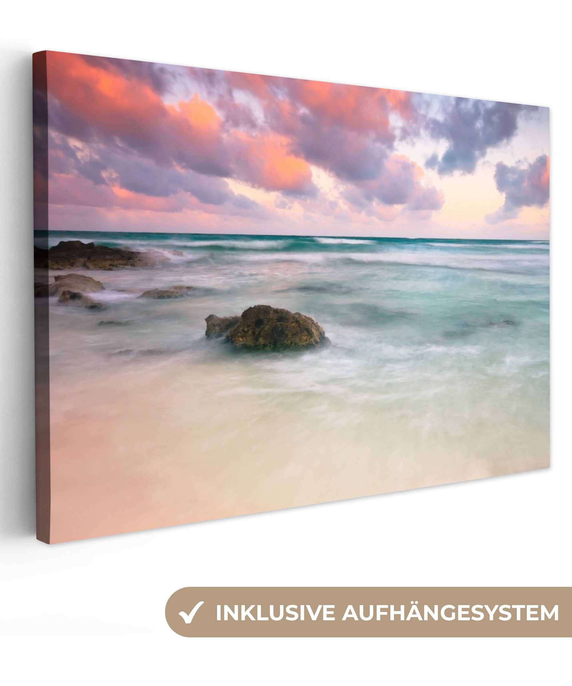 OneMillionCanvasses® Leinwandbild Sonnenuntergang am Strand von Tulum, Mexiko, (1 St), Wandbild Leinwandbilder, Aufhängefertig, Wanddeko, 30x20 cm