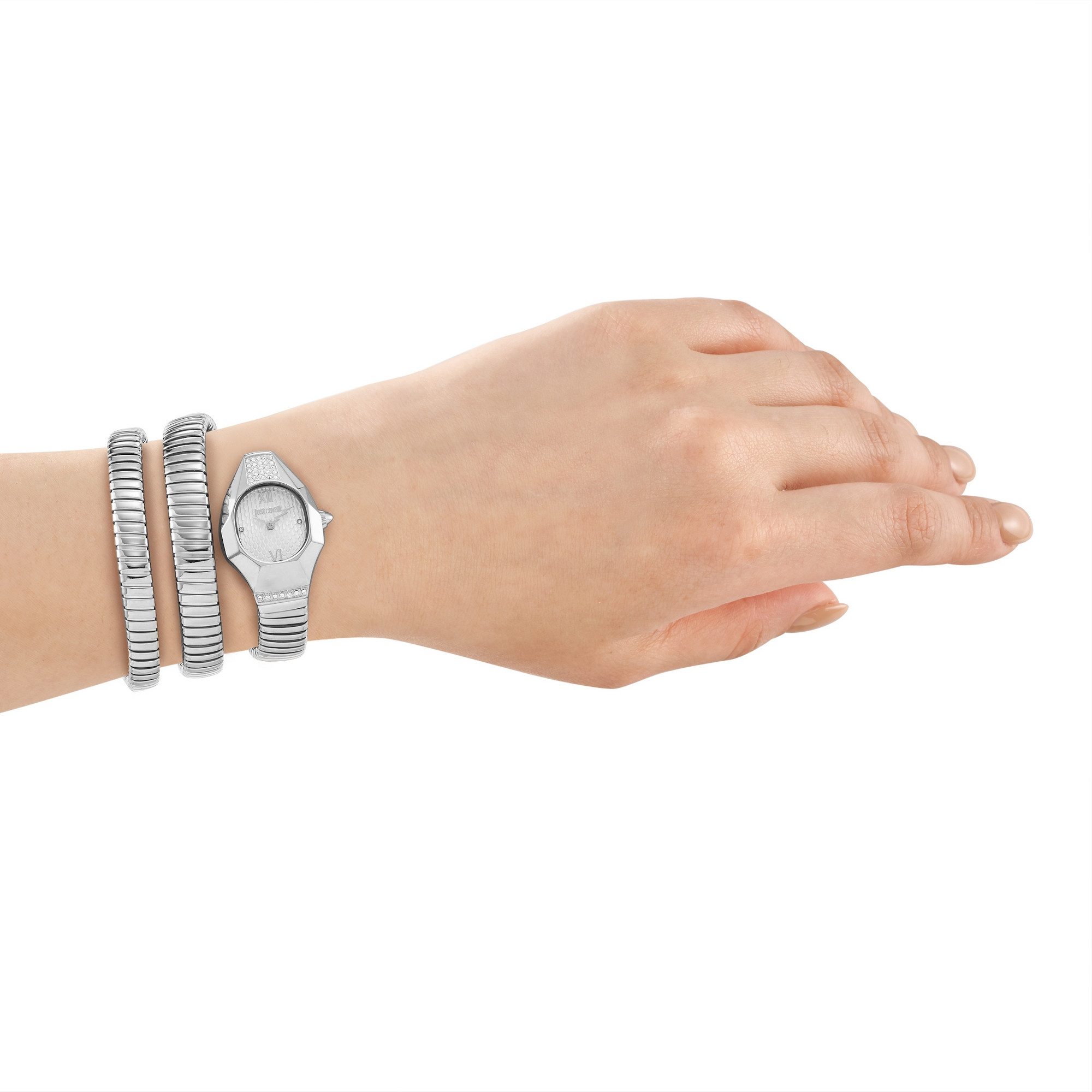 Just Cavalli Time Quarzuhr Signature Snake JC1L397M0015, Armbanduhr, Damenuhr, Edelstahlarmband, analog, Kristallsteine