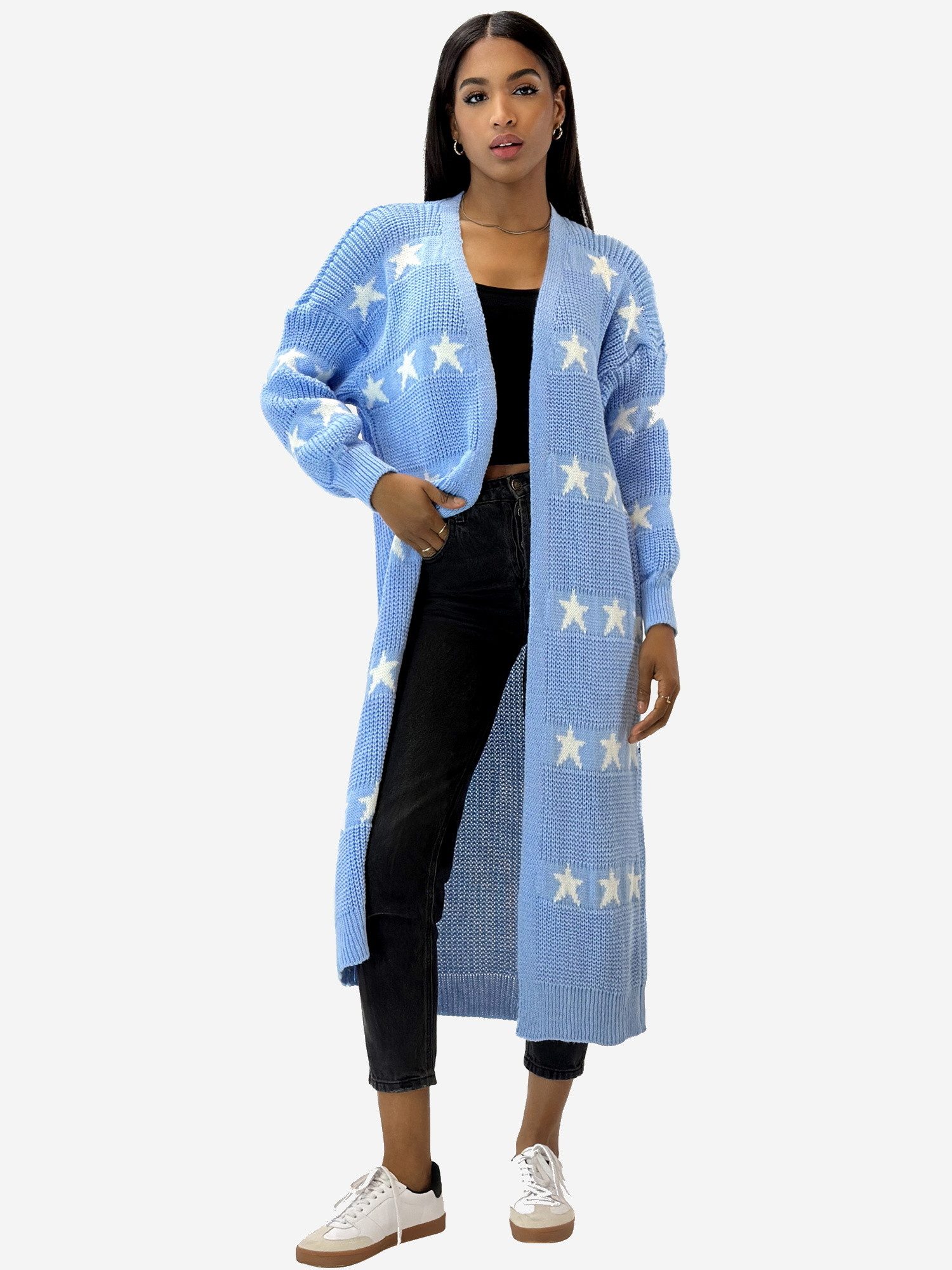Elara Cardigan — Damen Maxi Cardigan One Size mit Sternenmuster und Ballonärmeln