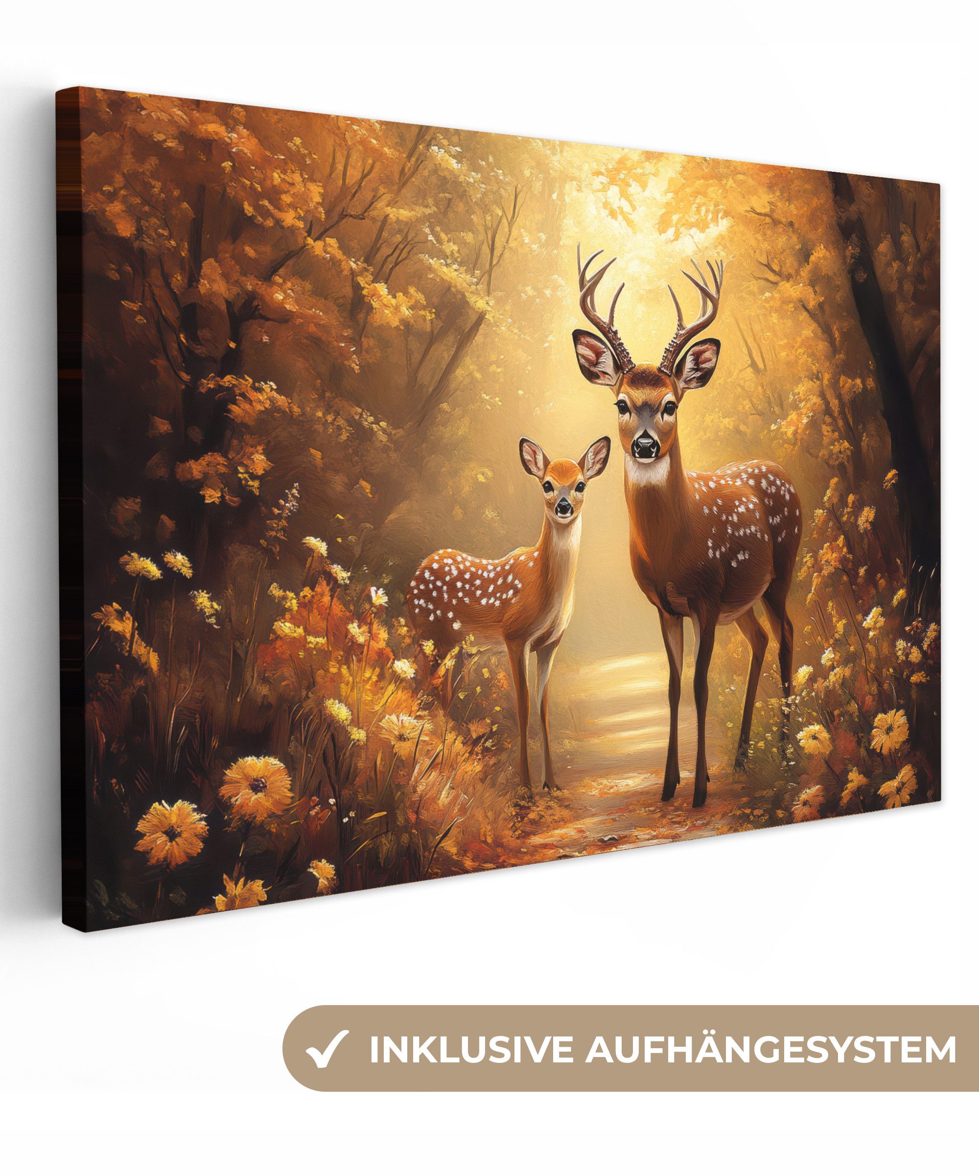 OneMillionCanvasses® Leinwandbild Herbst - Wald - Hirsche - Tiere - Natur - günstig online kaufen
