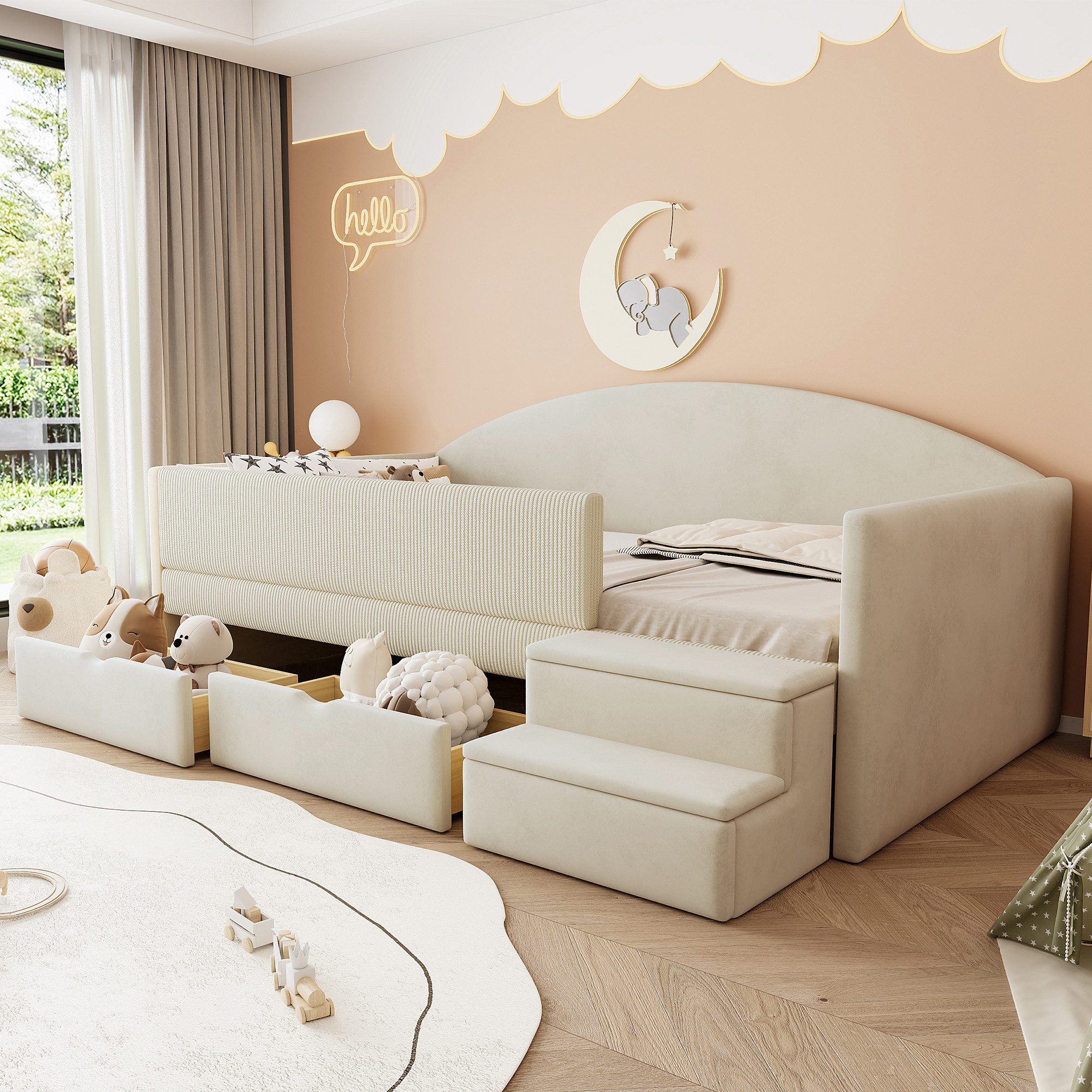 Flieks Polsterbett, Kinderbett Einzelbett 90x190cm mit 2 Schubladen Treppe Rausfallschutz