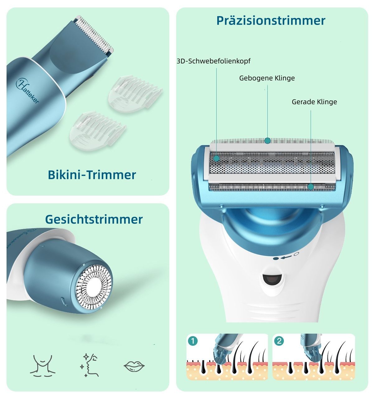 HATTEKER Epilierer RFC-578, Aufsätze: 1 St., Elektrorasierer für Damen, 3-in-1, Wet&Dry