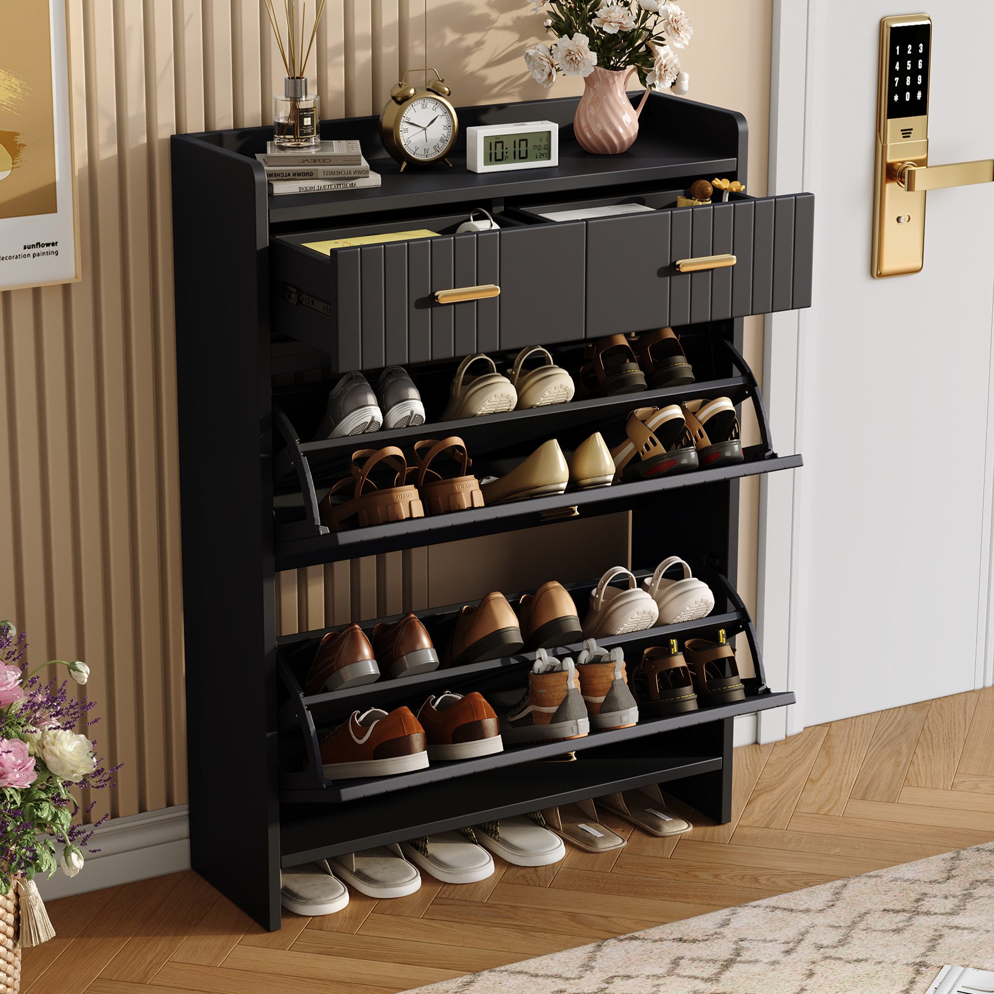 Celya Schuhschrank moderner schmaler Schuhkipper mit 2 Ebenen und 2 Schubladen (75 × 24 × 108.5 cm, mit Klappfächern, Flur Schuhaufbewahrungsschrank)
