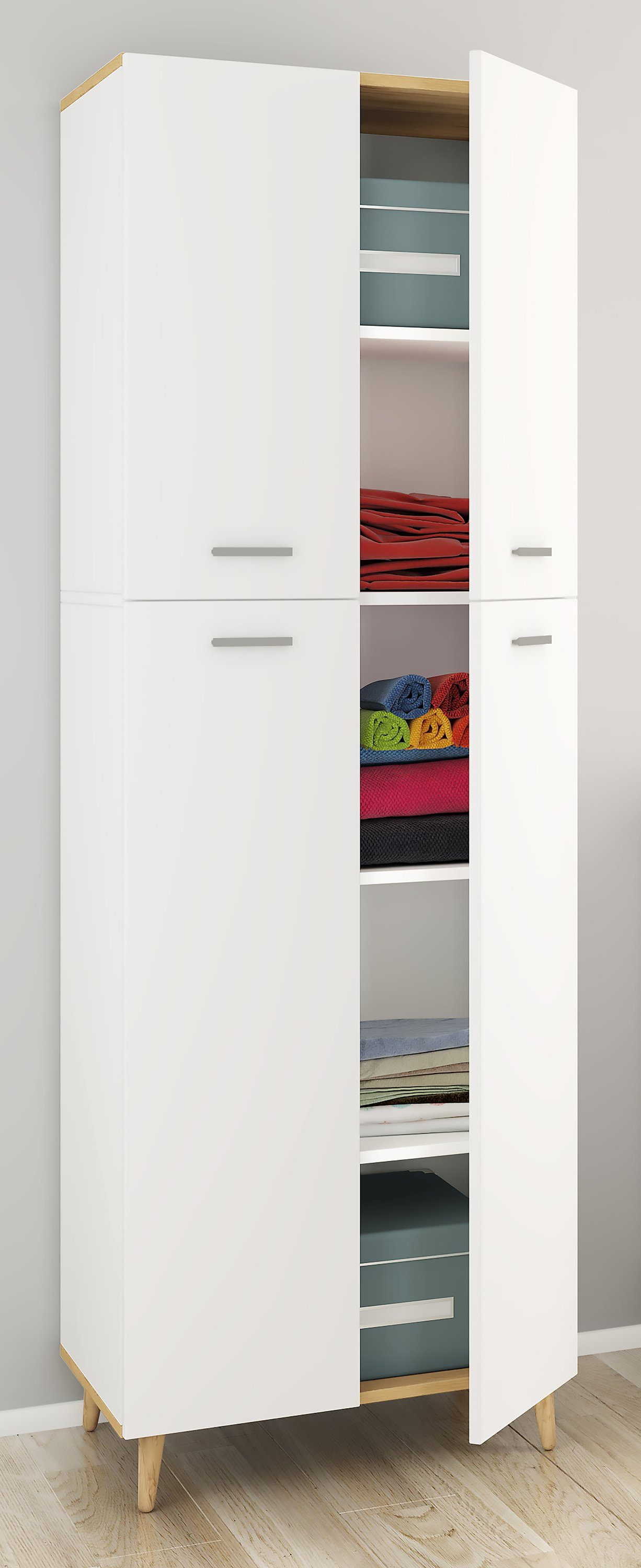 VCM Mehrzweckschrank Haushaltsschrank Landos H. 184 x B. 60 x T. 39 cm Holz Kleiderschrank, 5 Fächer, 4 Drehtüren
