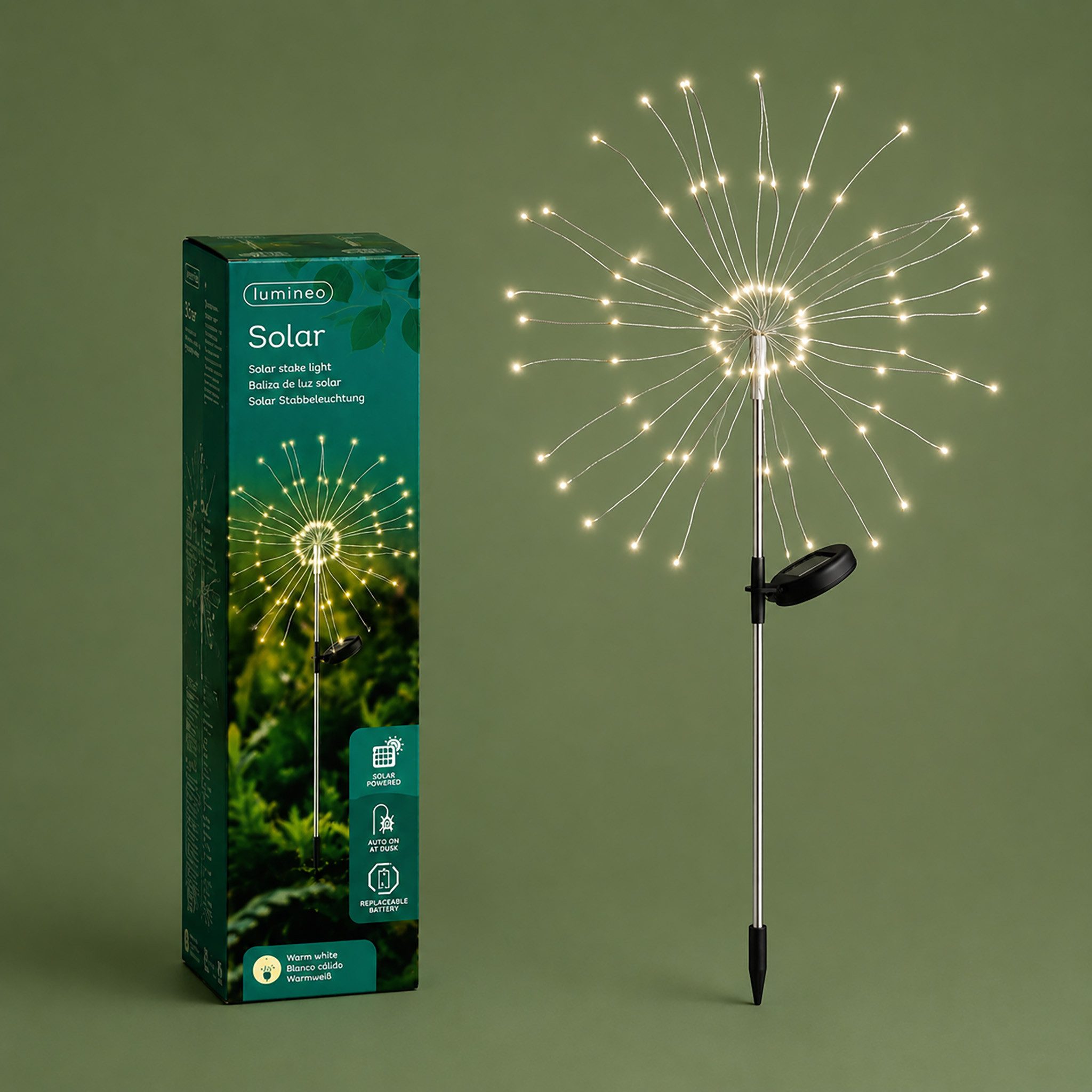 Lumineo LED Solarleuchte, Dauerlicht, warmweiß, Solar Stabbeleuchtung mit 90 LEDs Outdoor 90cm Metall Warmweiß