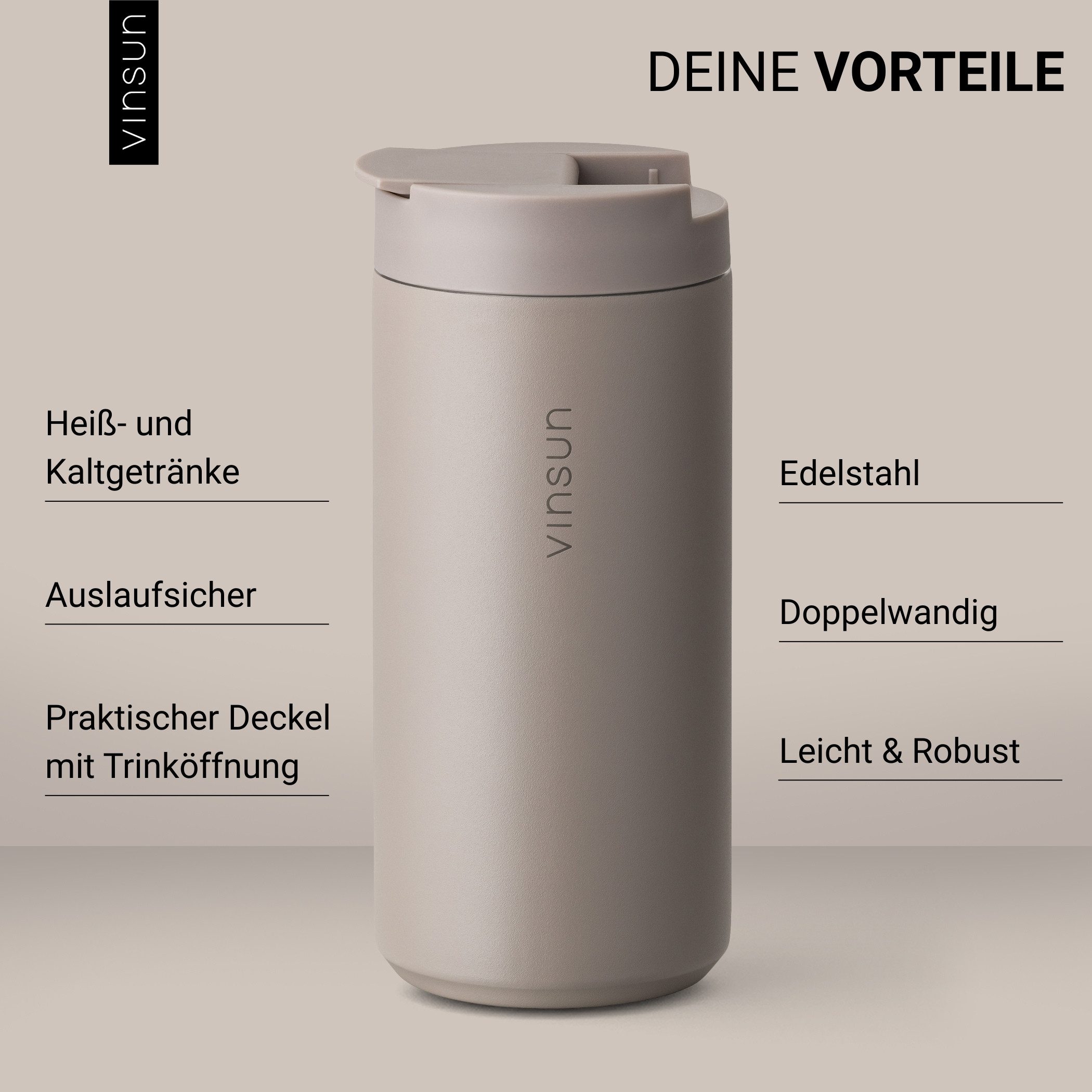 Vinsun Thermobecher Edelstahl Isolierbecher 350ml - Kaffeebecher doppelwandig isoliert, 2-tlg., Edelstahl, BPA frei, auslaufsicher, bruchfest, Kalt- und Heißget – Bild 2 von 5