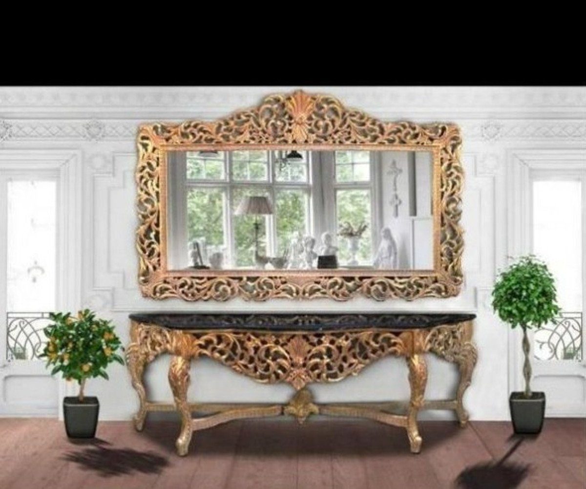 Casa Padrino Barockspiegel Riesige Barock Spiegel Wohnzimmer Spiegelkonsole Möbel - Marmorplatte mit schwarzer mit Konsole Gold Luxus