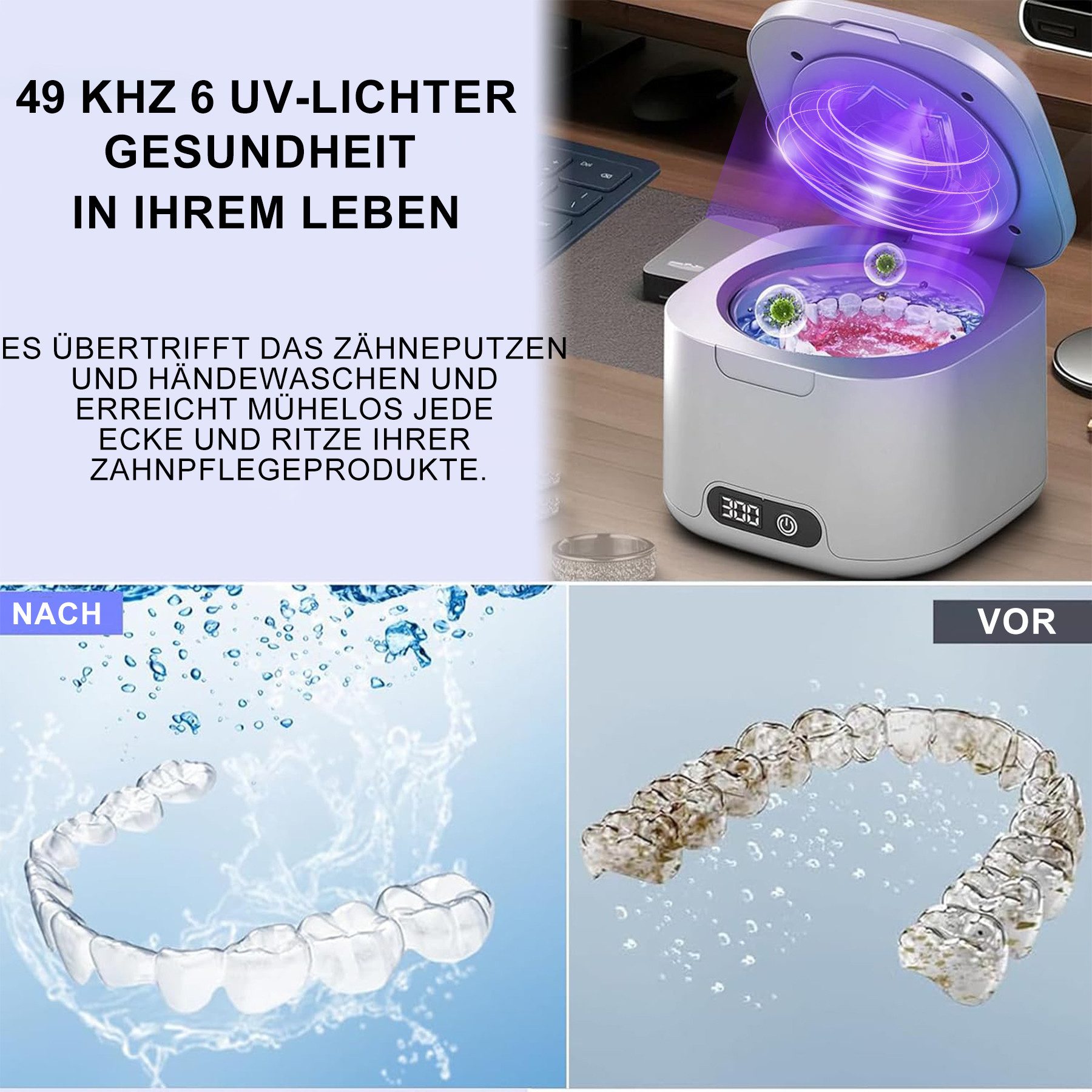 Senmudi Ultraschallreiniger Ultraschallreinigungsgerät 50000Hz mit 4 Modes, 340ML Ultraschallreiniger - Ultrasonic Cleaner für Zahnersatz,Retainer