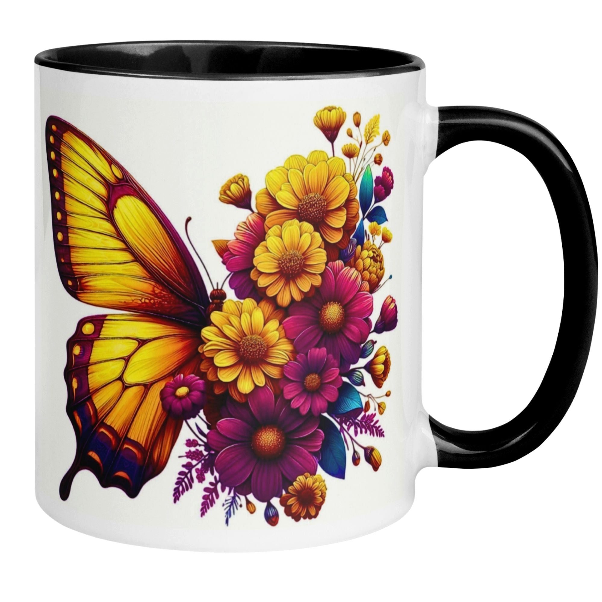 Momentals Tasse Schmetterling – „Blütendesign in Gelb“ – Geschenk mit Schmetterlingen, Beidseitiger Druck · Links- & Rechtshänder · Spülmaschinenfest