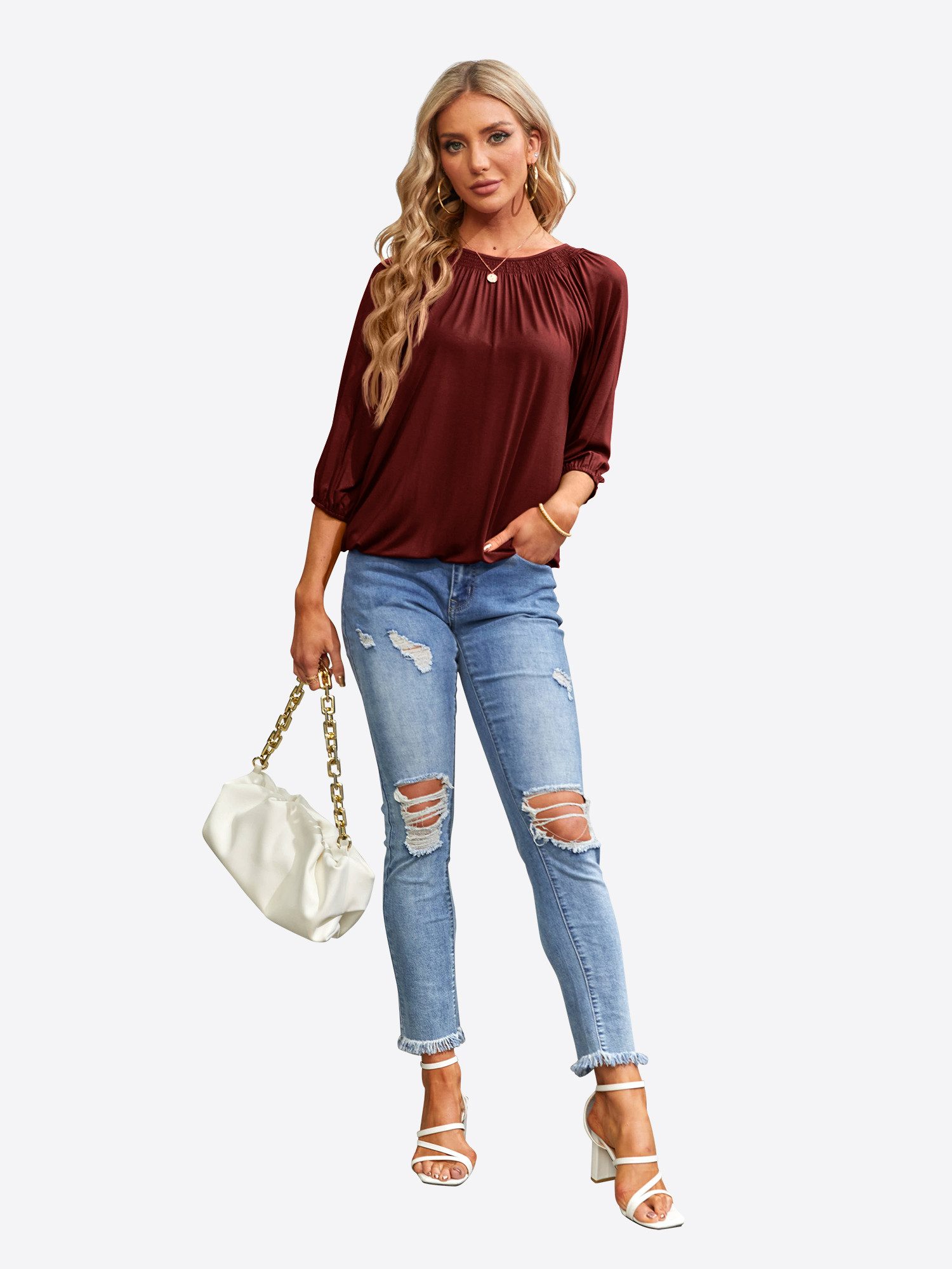 Imily Bela T-Shirt Damen 3/4-Ärmel Plissierte Bluse (Packung, 1-tlg., 1per-Pack) Rundhals