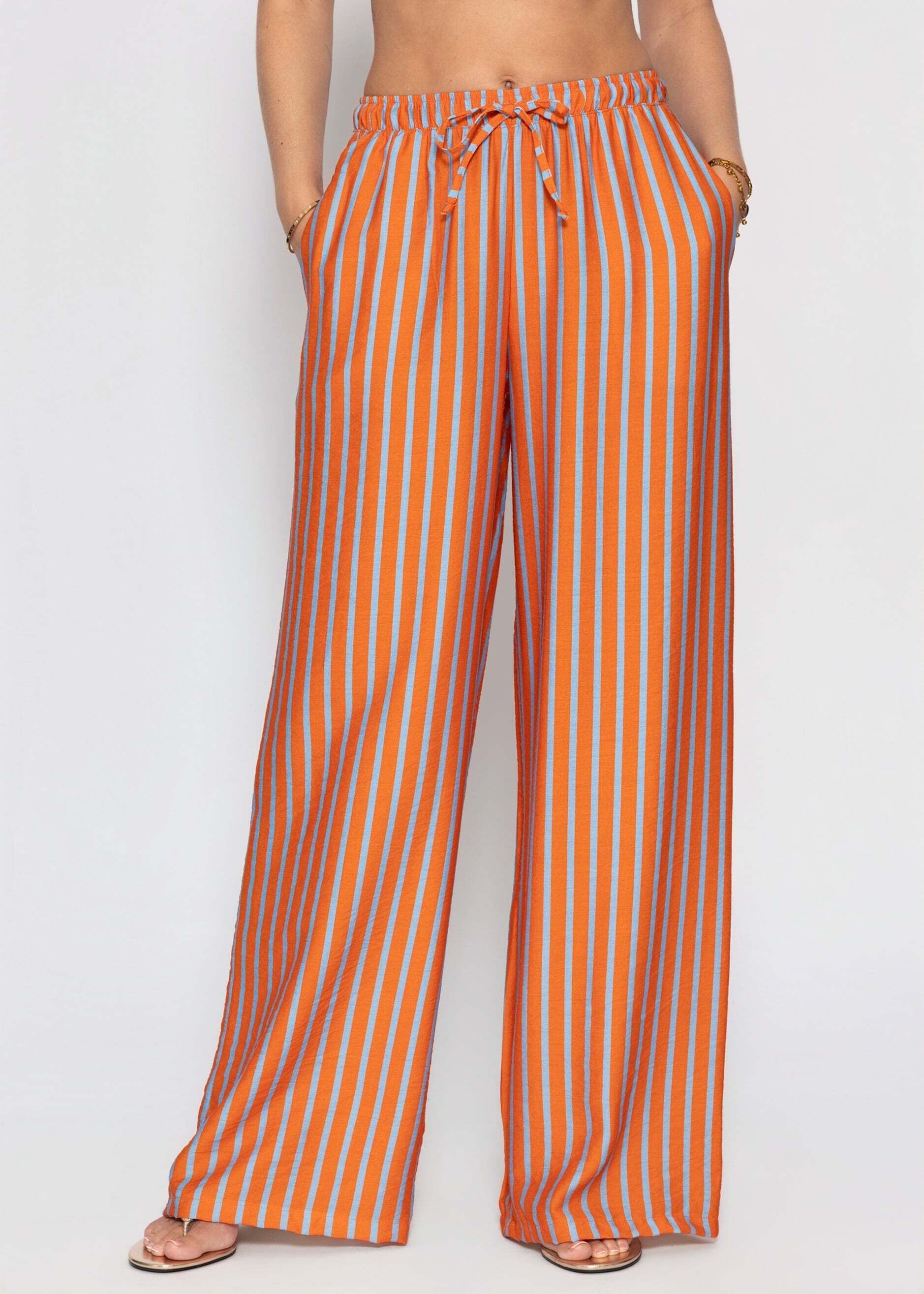 SASSYCLASSY Stoffhose Gestreifte Tall Hose mit Kordelzug Damen Weit geschnittene Stoffhose mit Eingriffstaschen und elastischem Bund
