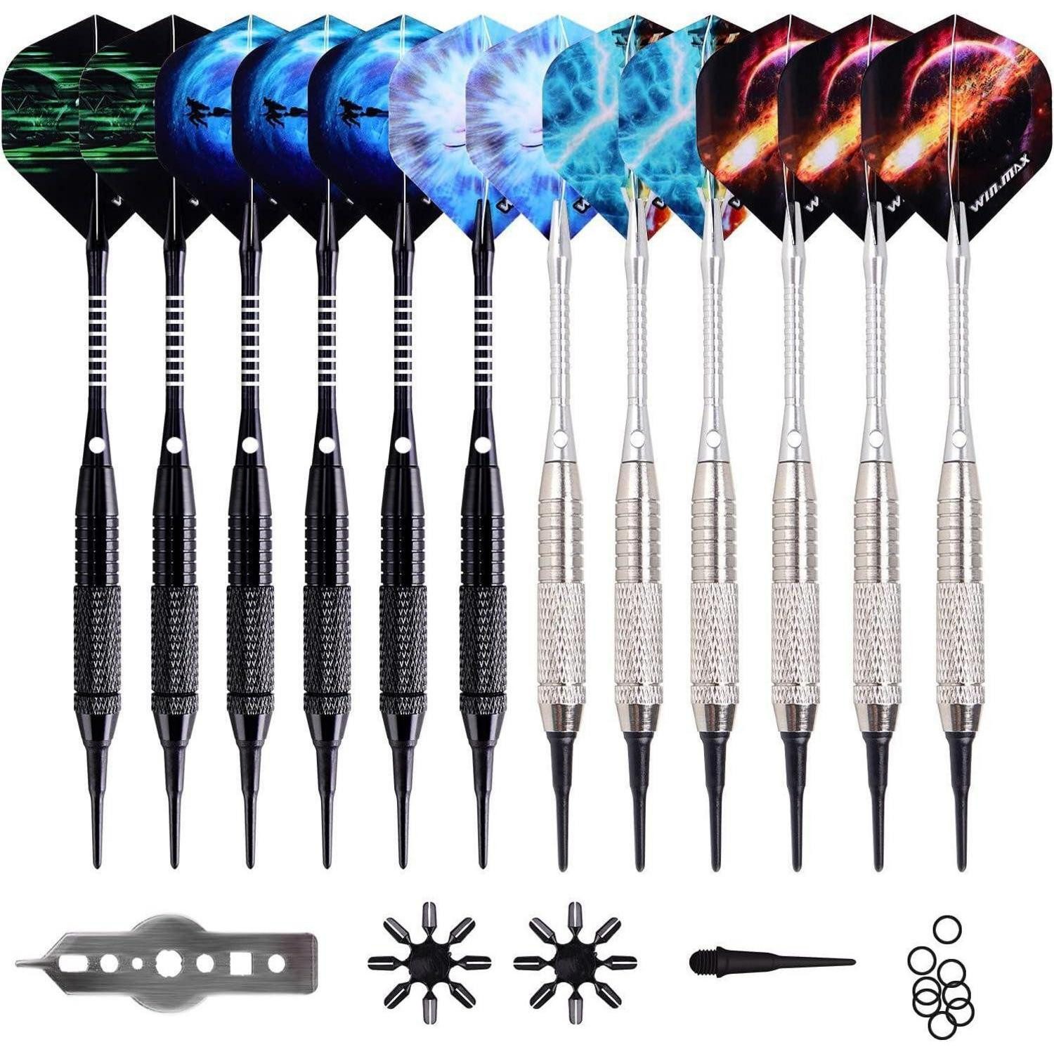 LuxusKollektion Softdarts Softdartpfeile Set, 12 Stück, 18g, Kunststoffspitze, Schwarz/Silber