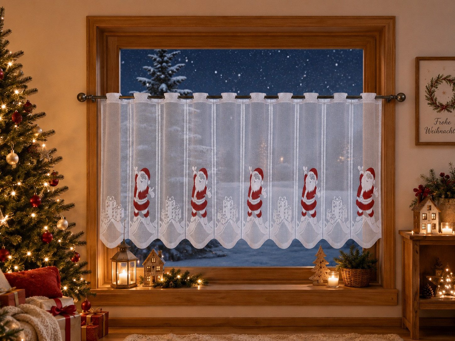 EXPERIENCE Scheibengardine Scheibengardine Weihnachtsmann Geschenk, HxB 50x140cm, (1 St), Stangendurchzug, transparent, Store