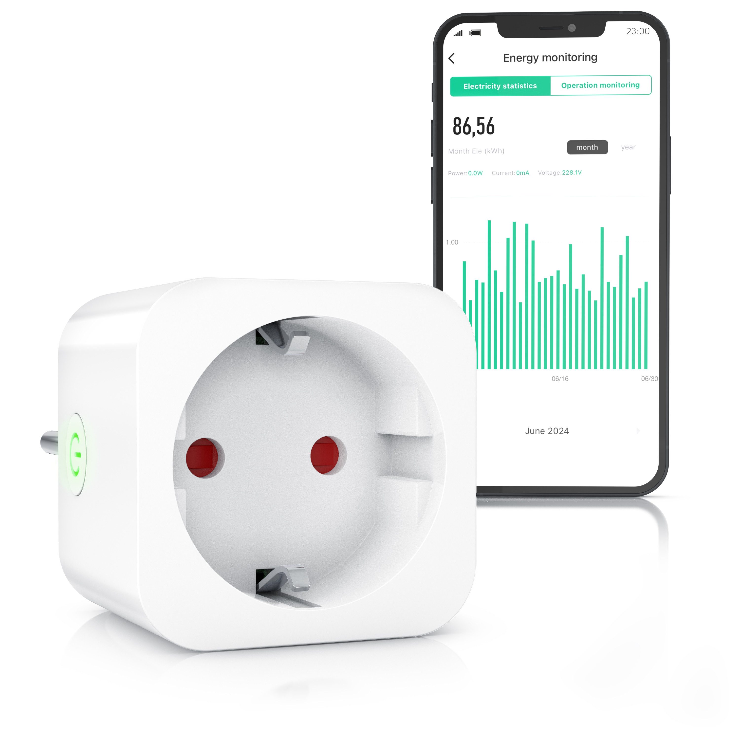 WLAN-Steckdose mit Strommessung, 2,4Ghz WiFi Fernsteuerung per App, Sprachsteuerung