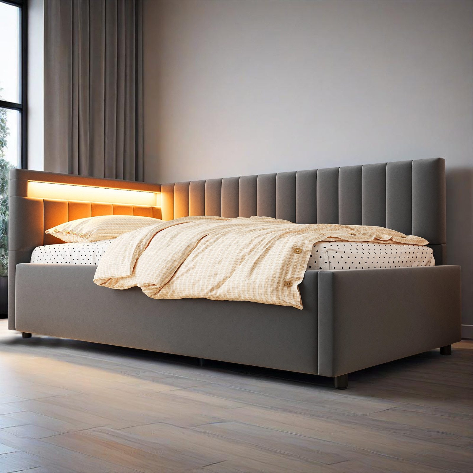 MODFU Schlafsofa Kinderbett, 90x200 cm mit LED-Beleuchtung, hydraulischem S günstig online kaufen