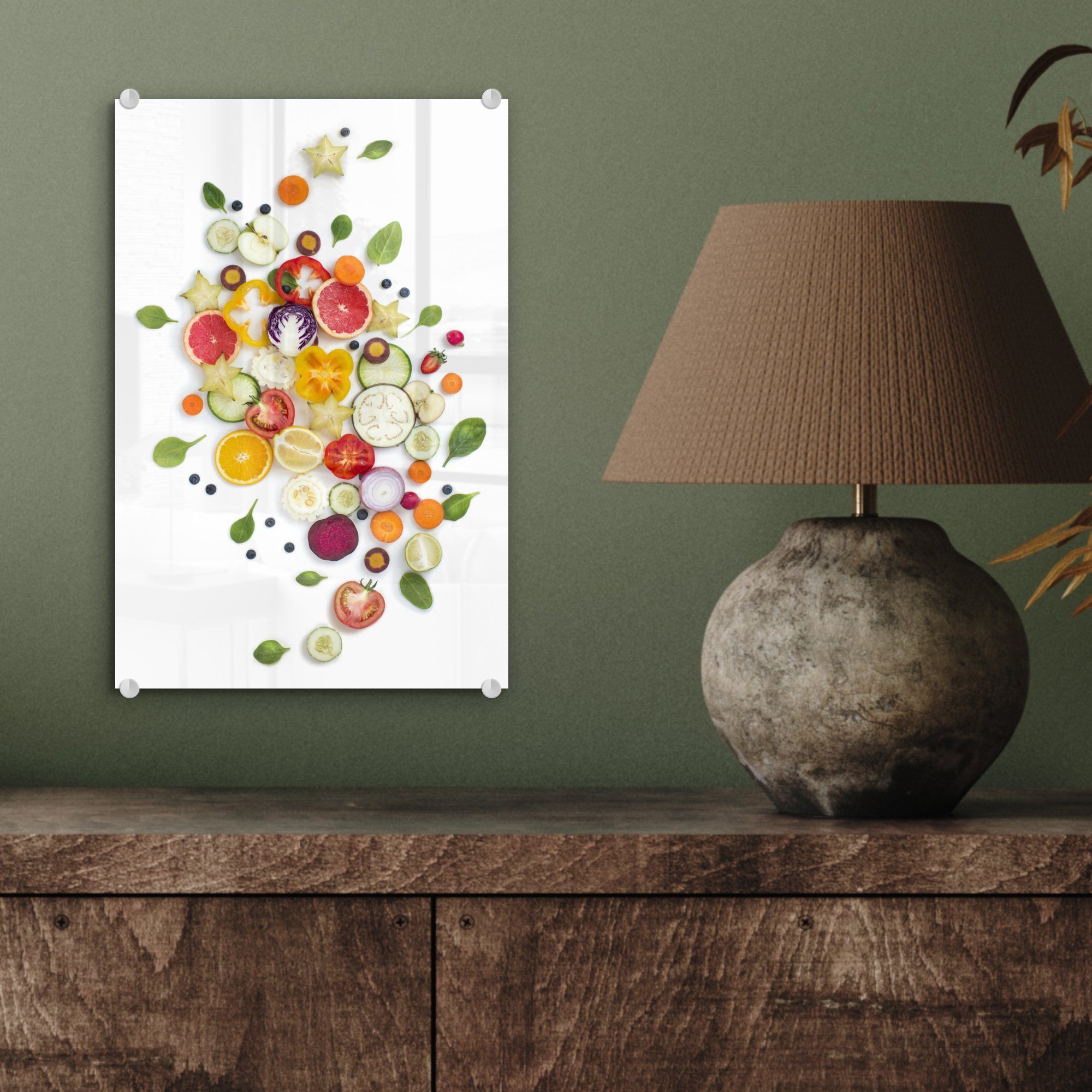 Wanddekoration Bilder Glas Wandbild - Glasbilder auf Acrylglasbild auf - (1 St), Glas - - MuchoWow Weiß, Foto Gemüse Obst -