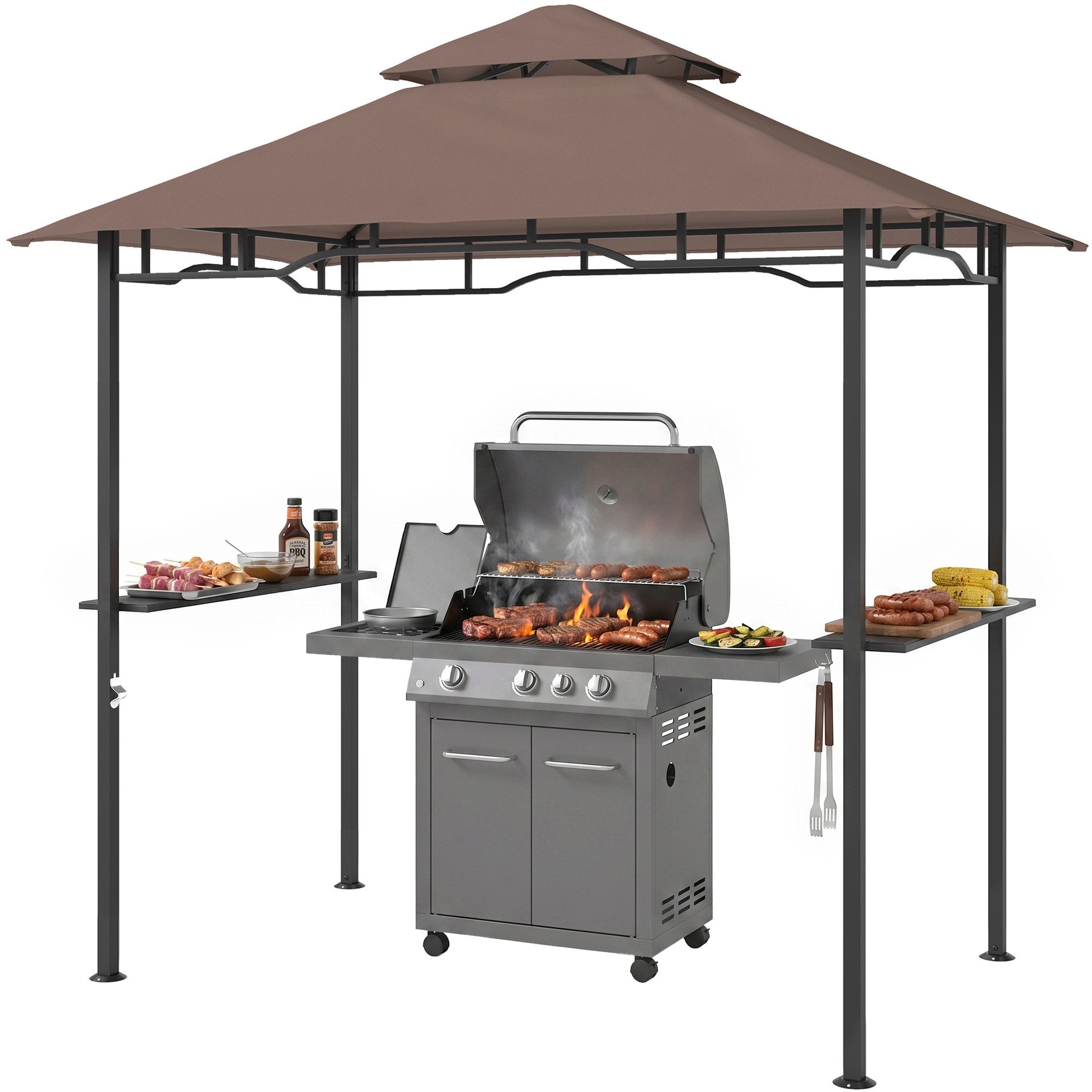 Outsunny Grillpavillon Grill Pavillon mit Ablagen Flammhemmendes Doppeldach, mit 4 Seitenteilen, (Gartenzelt, Grillpavillon), für Garten, Balkon, Kaffeebraun