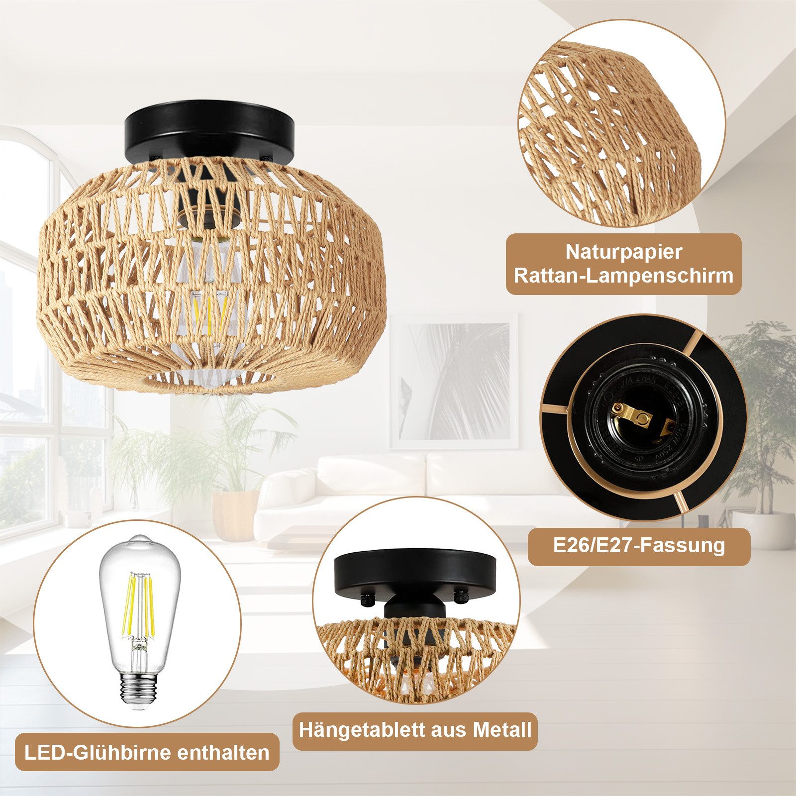 MUPOO Deckenleuchten Rattan Deckenlampe aus Rattan/Metall günstig online kaufen