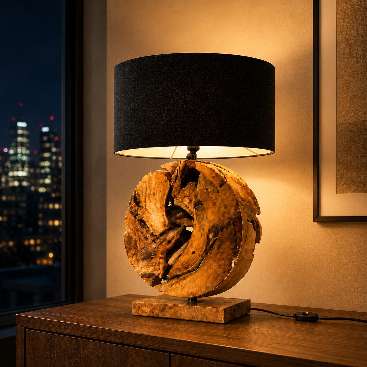 Möbel Bressmer Tisch-Tageslichtlampe GLOBE Tischlampe holz,handgefertigt Teakholzlampe,schwarz Leinenschirm, Nicht Inklusiv