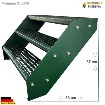 Kaminbau Mierzwa Außentreppe Premium Treppe Komplett Grün Höhe Verstellbar, für Geschosshöhen bis 57 cm, Stufen Gitterroststufen nach DIN 24531, (Höhe 57 cm, Breite wählbar aus 60, 80, 100, 120, 140 cm), Gartentreppe Stahltreppe Wetterfest Rostfrei Feuer-Verzinkt Rutschfest