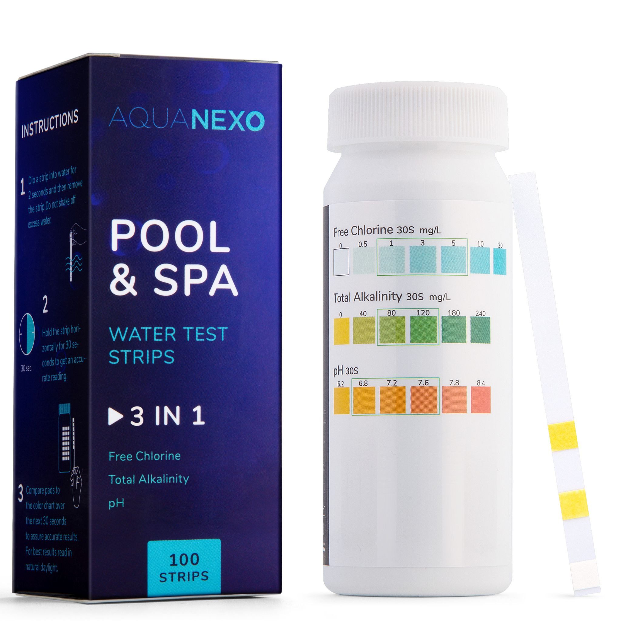 AquaNexo Pool-Wassertest Aquanexo Pool Teststreifen 3-in-1 pH und Chlor Wassertester 100 st., 3 Messparameter, 100-tlg., 3in1 Teststreifen