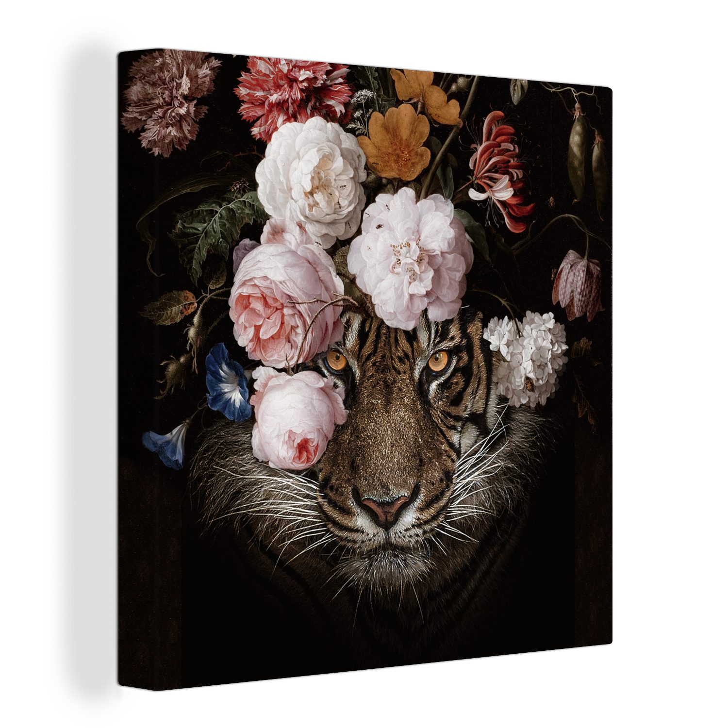 OneMillionCanvasses® Gemälde Tiger - Blumen - Kunst, (1 St), Leinwand Bilder für Wohnzimmer Schlafzimmer