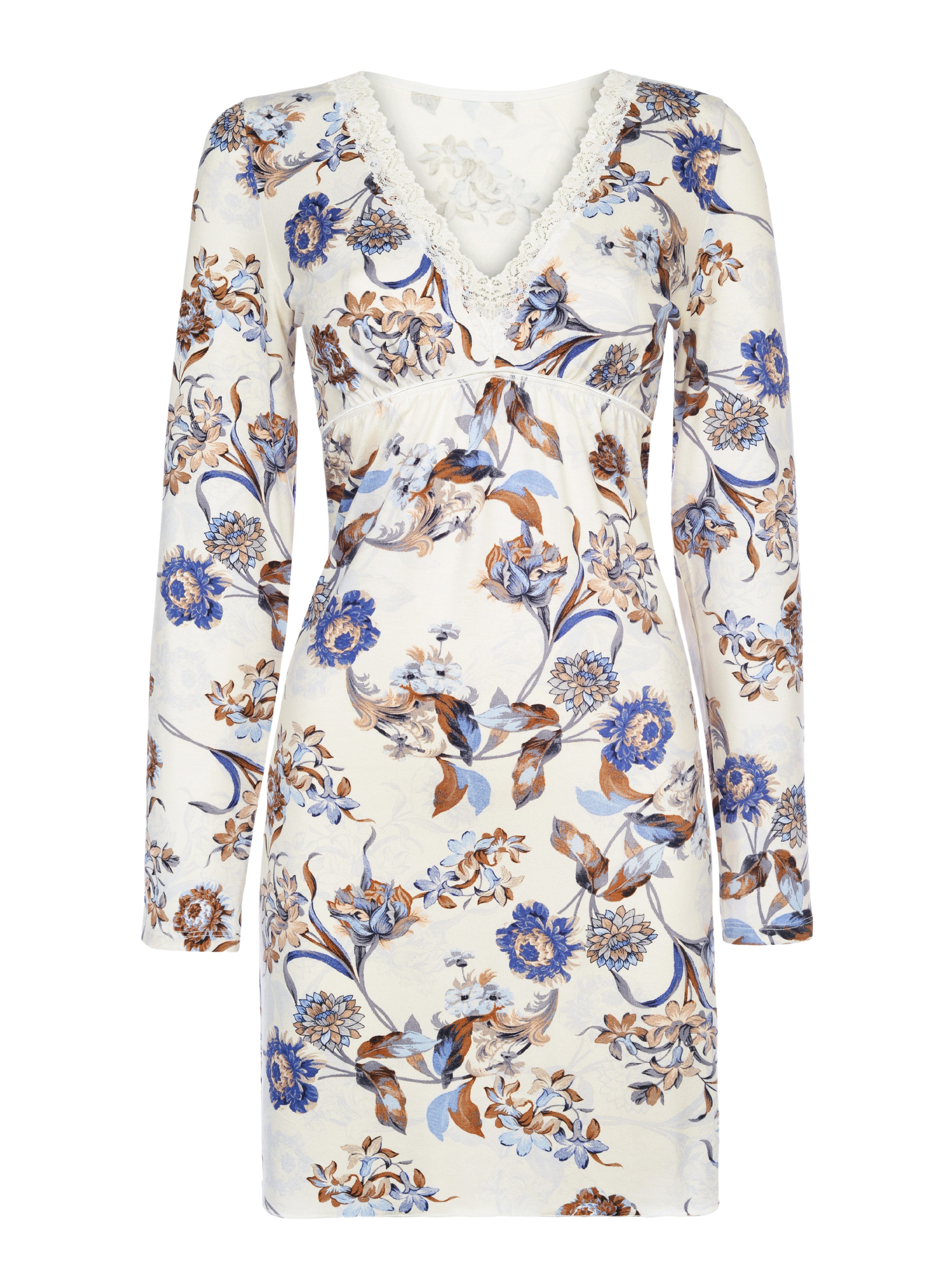 Donna Nachthemd in sanften Blau-Braun-Tönen mit romantischen Blumendruck, elastische Unterbrustnaht