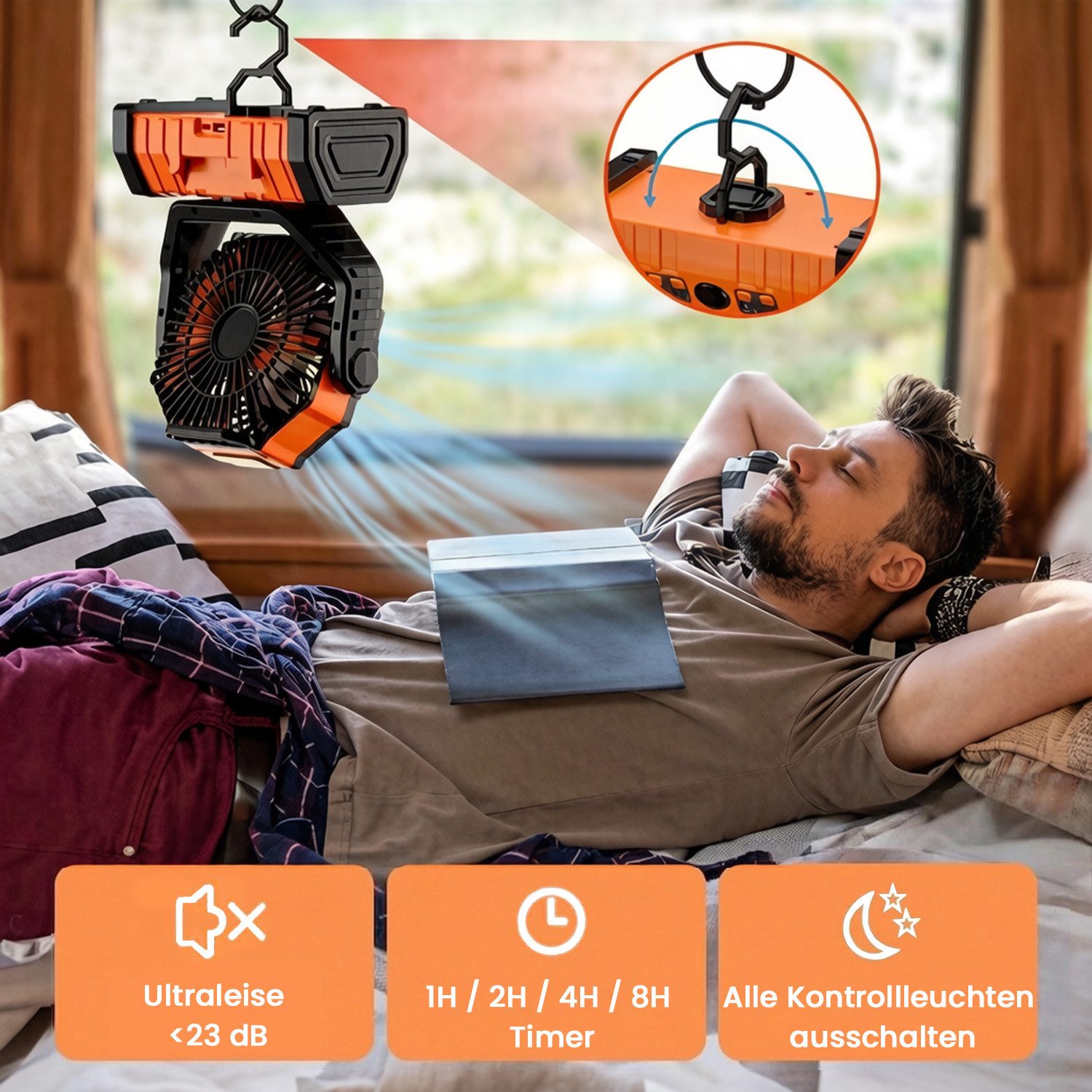 SWGOTA Tischventilator USB Akku Camping Ventilator mit Powerbank/LED Licht/Timer für Outdoor, Zelt Ventilator mit 20000mAh/4 Stufen/Haken/Fernbedienung für Outdoor